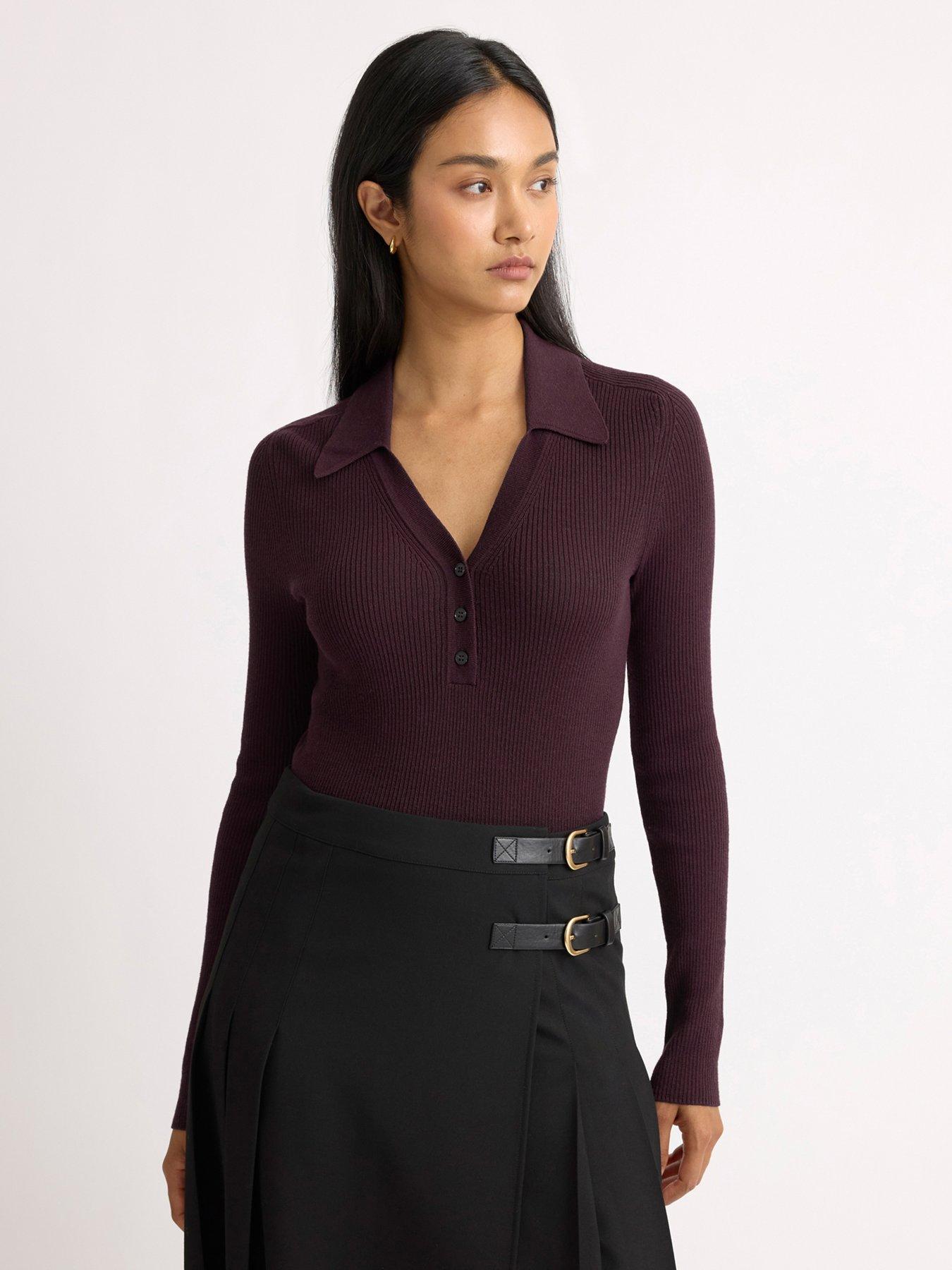 Image 4 of 5 of Albaray Ribbed V Neck Long Sleeve Top - Burgundy