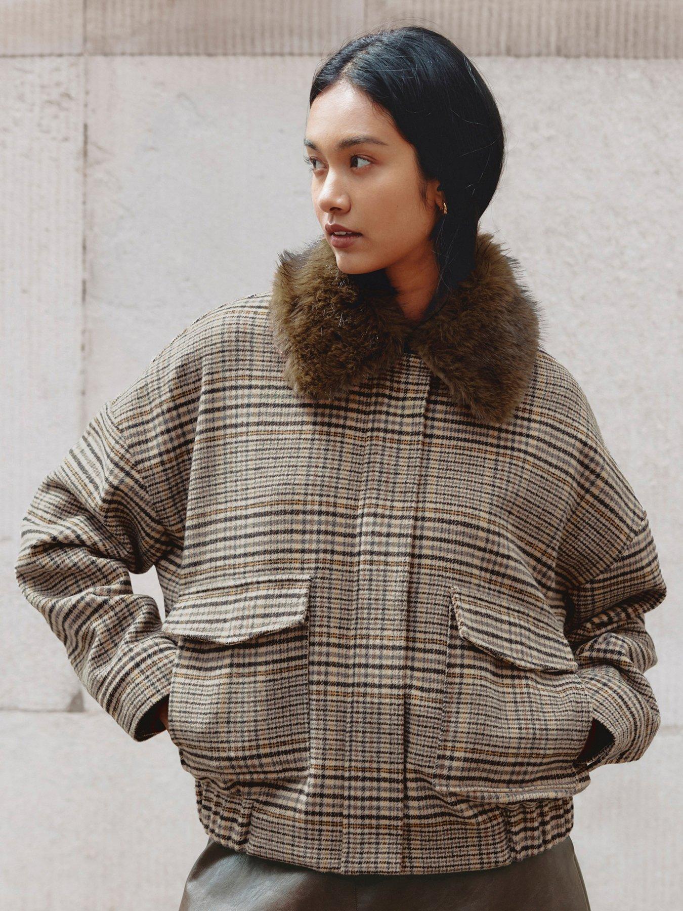 Image 1 of 5 of Albaray Womens Faux Fur Collar Check Bomber Jacket - Beige