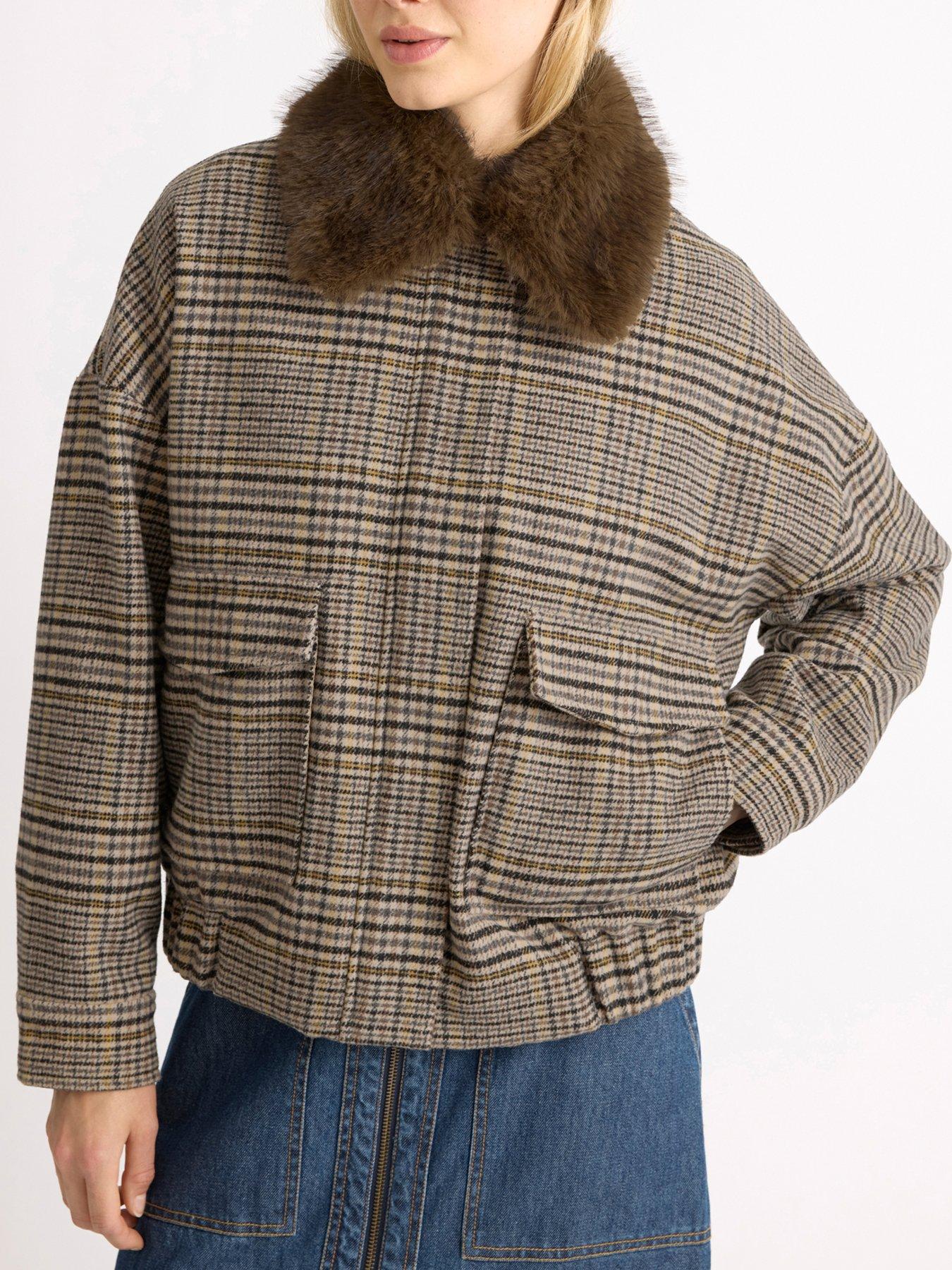 Image 3 of 5 of Albaray Womens Faux Fur Collar Check Bomber Jacket - Beige