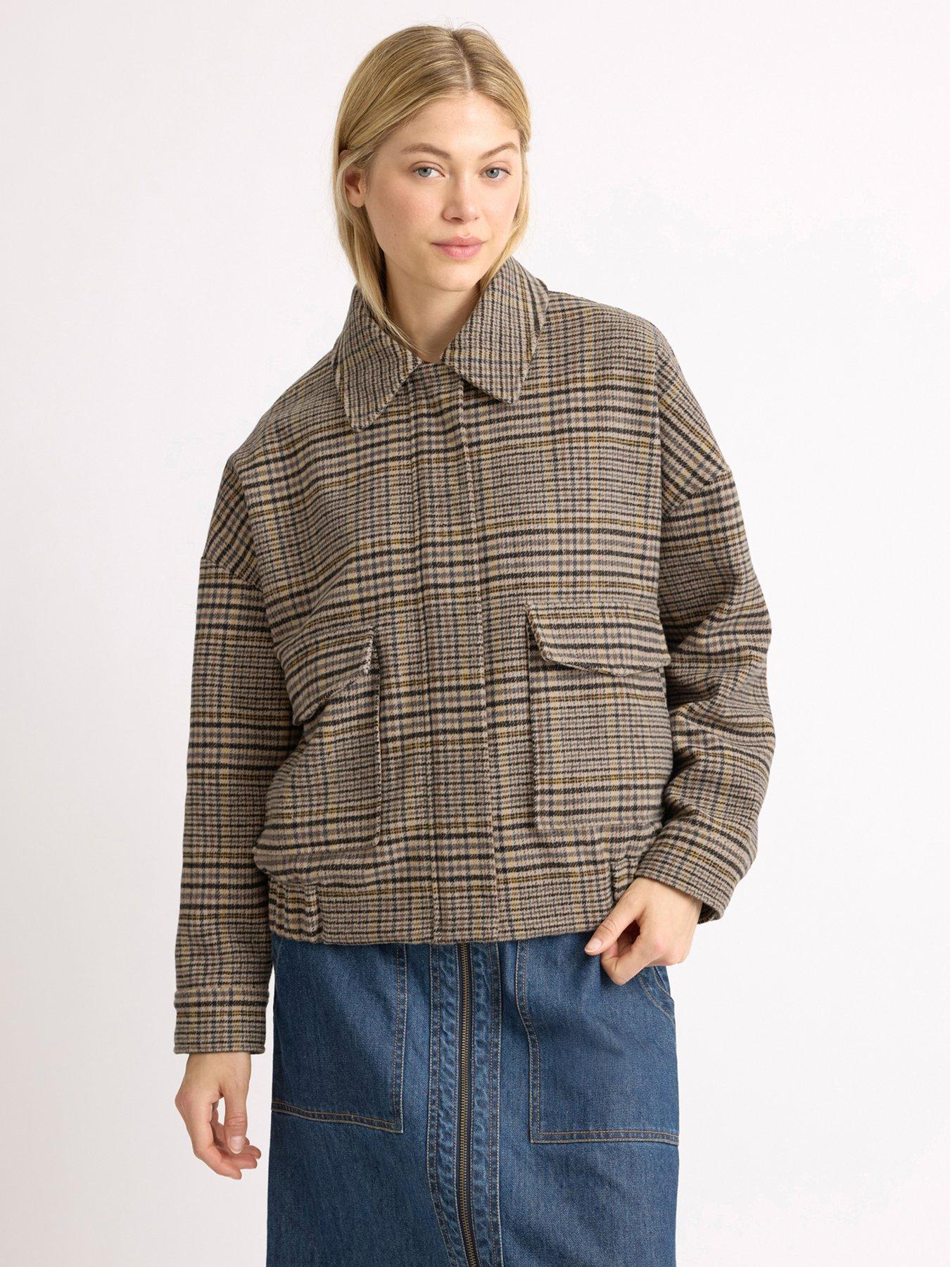 Image 4 of 5 of Albaray Womens Faux Fur Collar Check Bomber Jacket - Beige