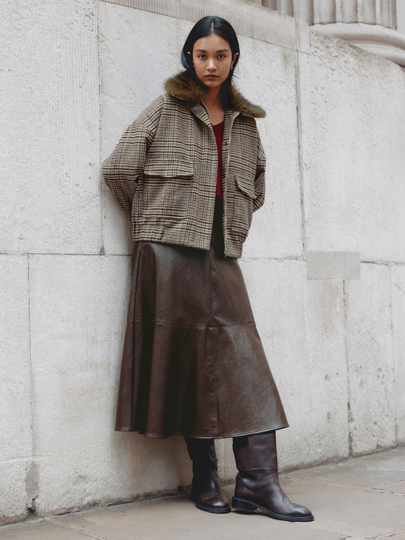 Image 5 of 5 of Albaray Womens Faux Fur Collar Check Bomber Jacket - Beige