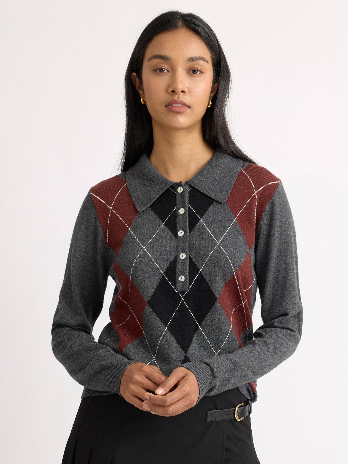 Image 1 of 4 of Albaray Womens Argyle Button Placket Polo Shirt Blouse - Multi