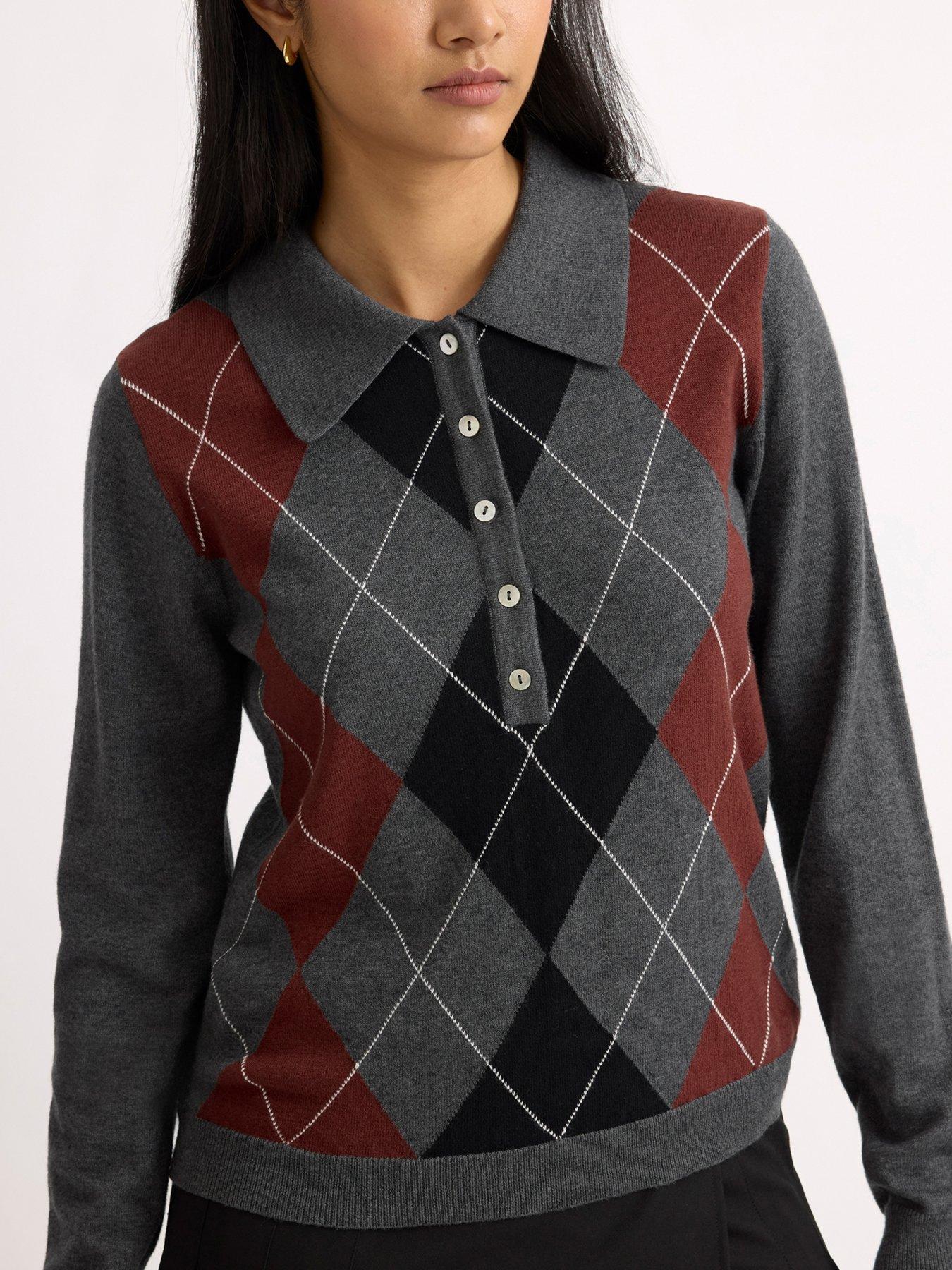 Image 3 of 4 of Albaray Womens Argyle Button Placket Polo Shirt Blouse - Multi