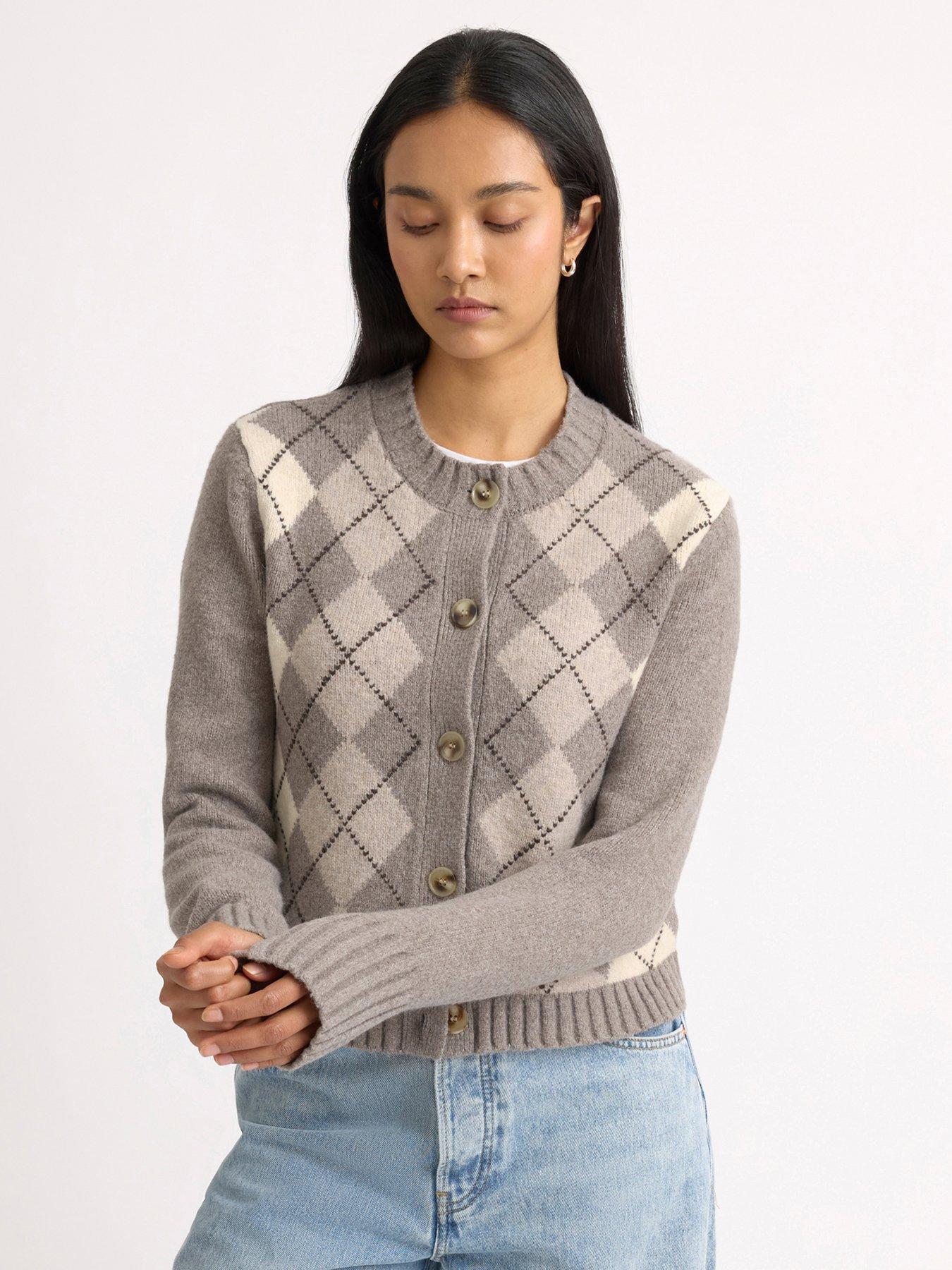 Image 1 of 4 of Albaray Womens Argyle Button-Through Ribbed Cardigan - Beige
