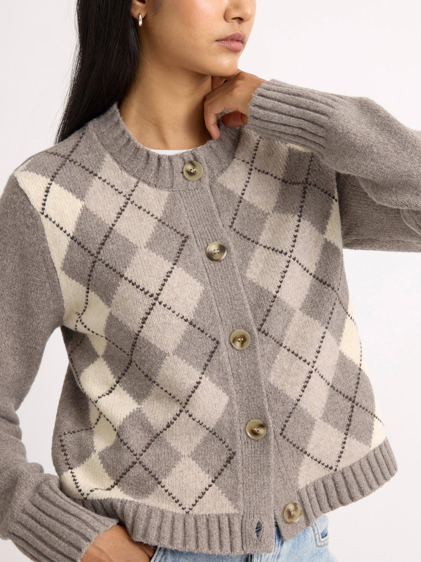 Image 3 of 4 of Albaray Womens Argyle Button-Through Ribbed Cardigan - Beige