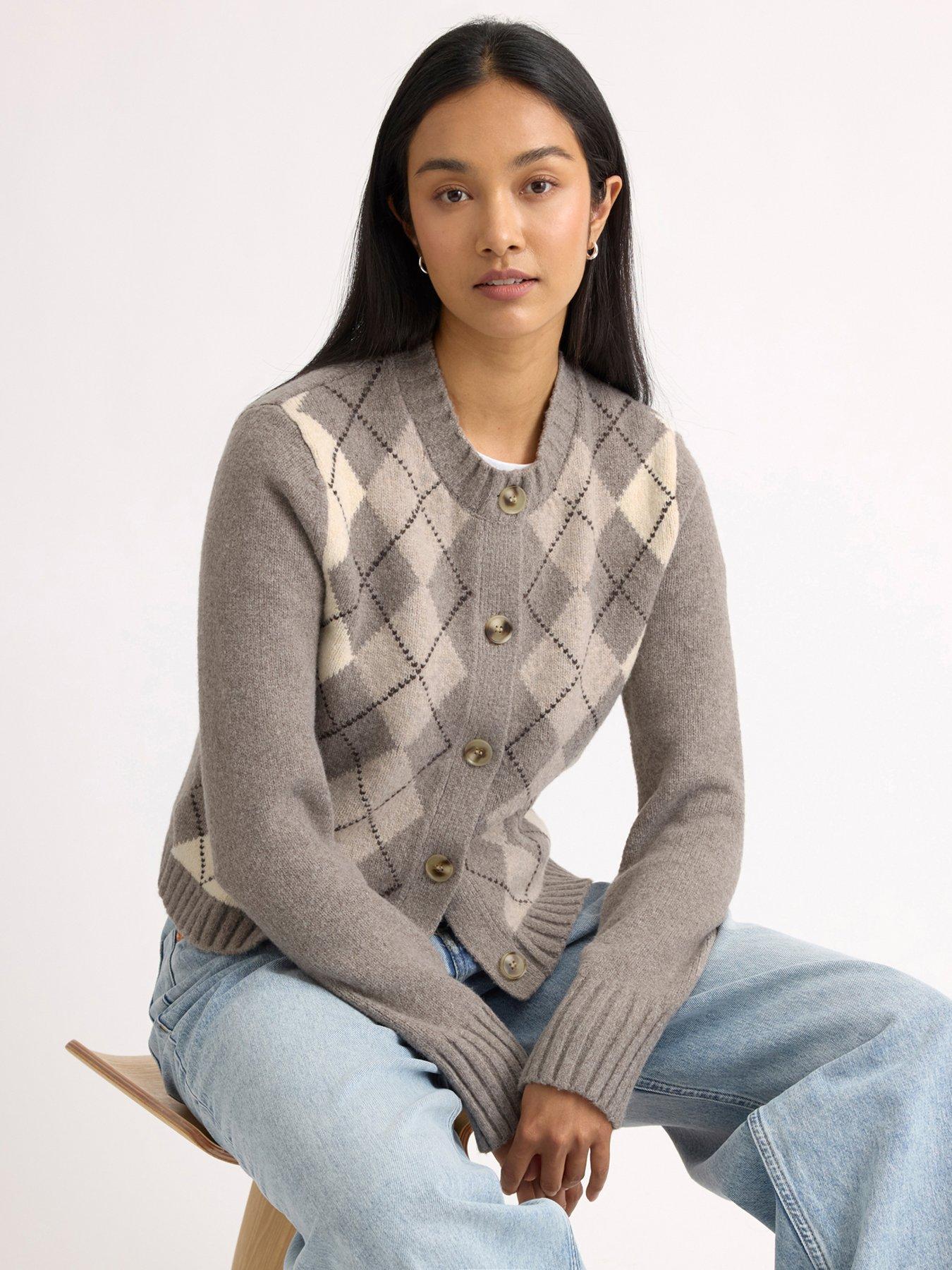 Image 4 of 4 of Albaray Womens Argyle Button-Through Ribbed Cardigan - Beige