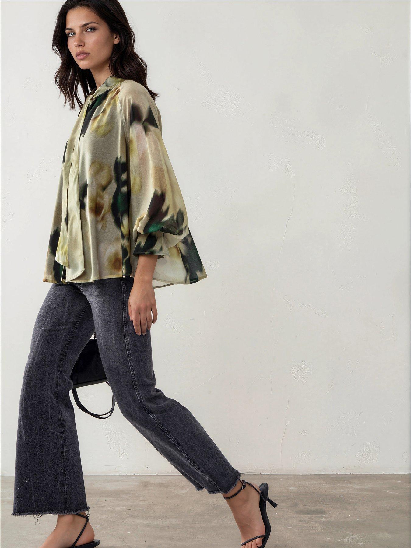 Religion Liv High Neck Button-Thru Blouse With Tie Sash In Floral Blur Print - Yellow
