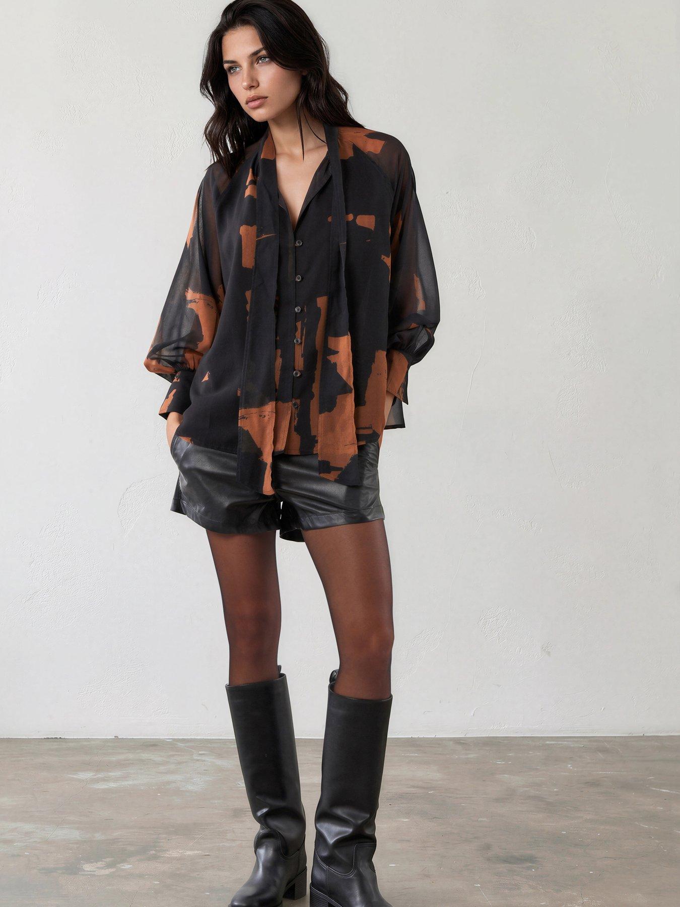 Image 2 of 7 of Religion Liv High Neck Button-Thru Blouse With Tie Sash In Abstract Facade Print - Brown