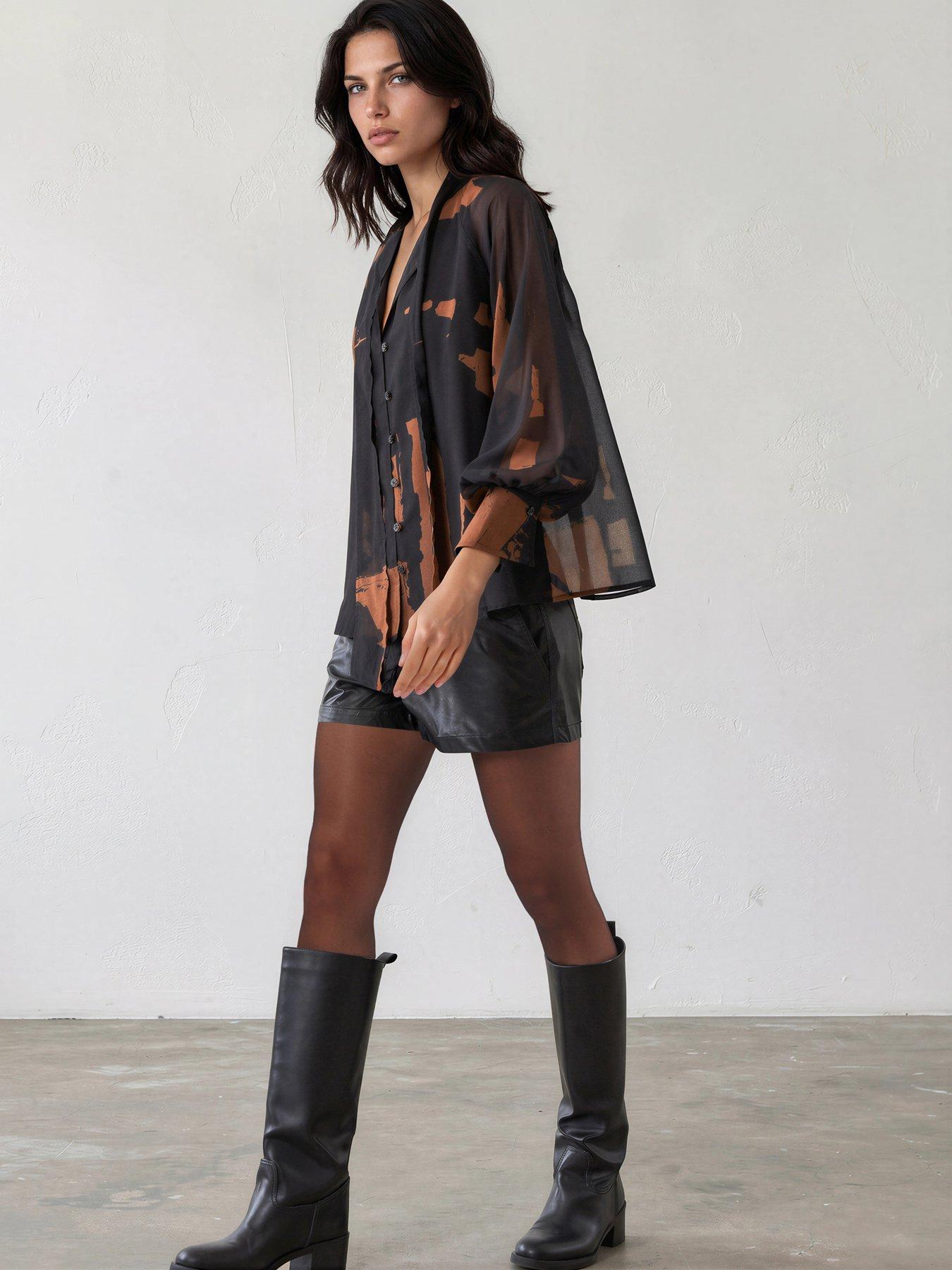 Image 3 of 7 of Religion Liv High Neck Button-Thru Blouse With Tie Sash In Abstract Facade Print - Brown