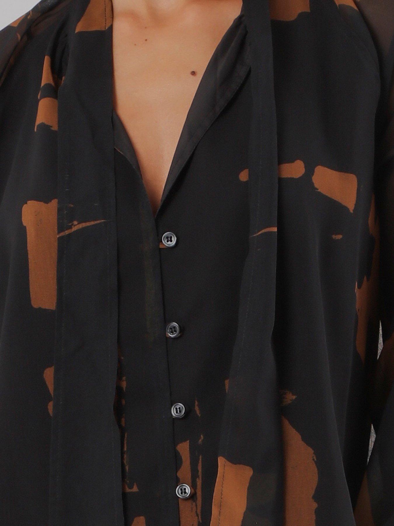 Image 4 of 7 of Religion Liv High Neck Button-Thru Blouse With Tie Sash In Abstract Facade Print - Brown