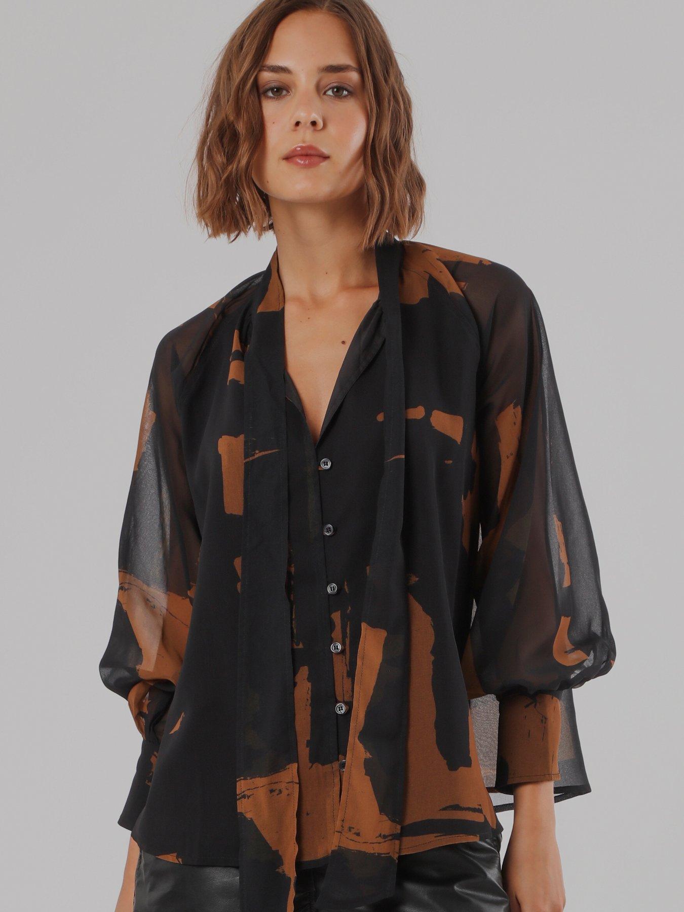 Image 7 of 7 of Religion Liv High Neck Button-Thru Blouse With Tie Sash In Abstract Facade Print - Brown
