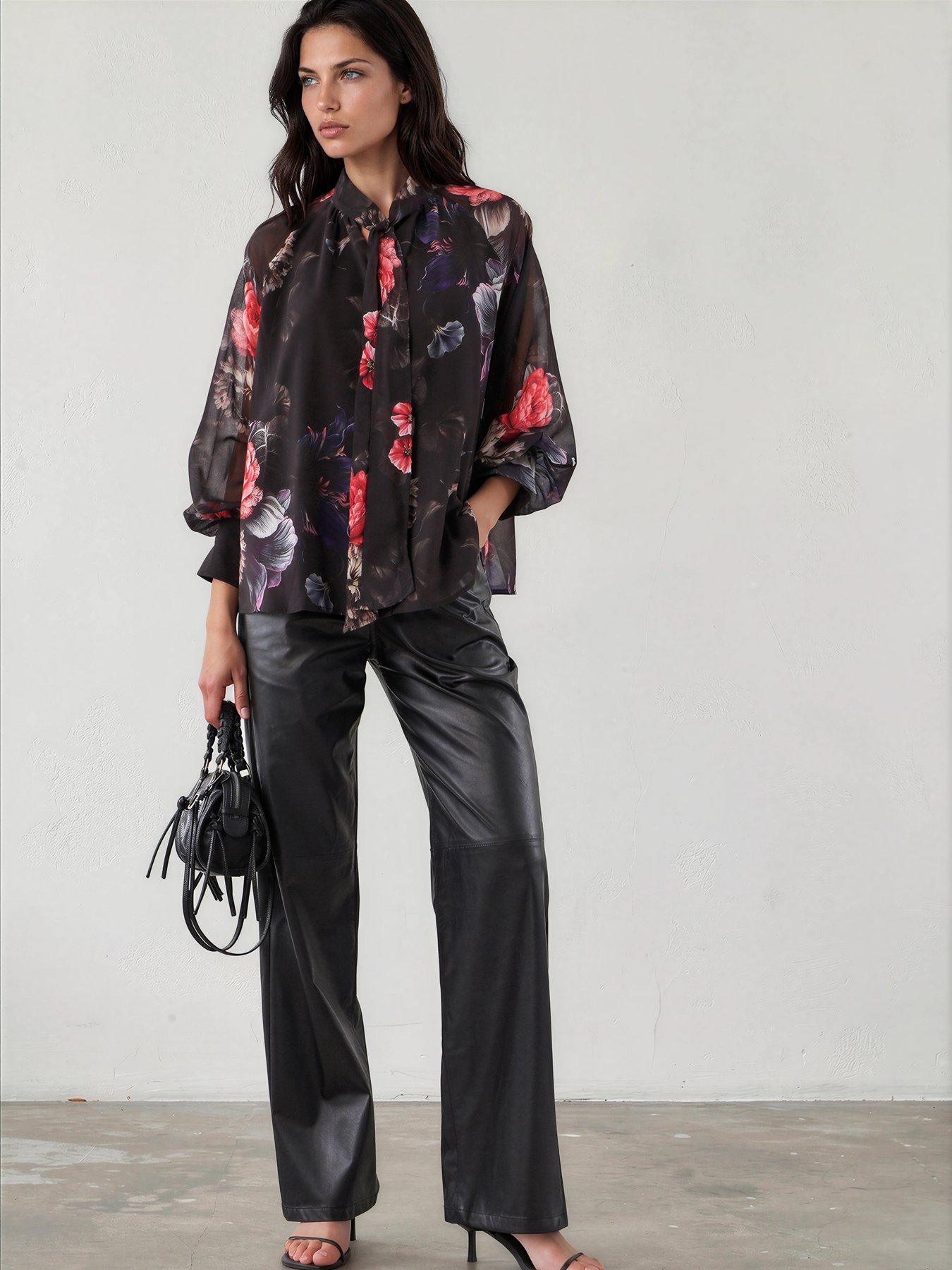 Image 2 of 7 of Religion Liv High Neck Button-Through&nbsp;Blouse With Tie Sash In Floral Red And Blue Print - Black