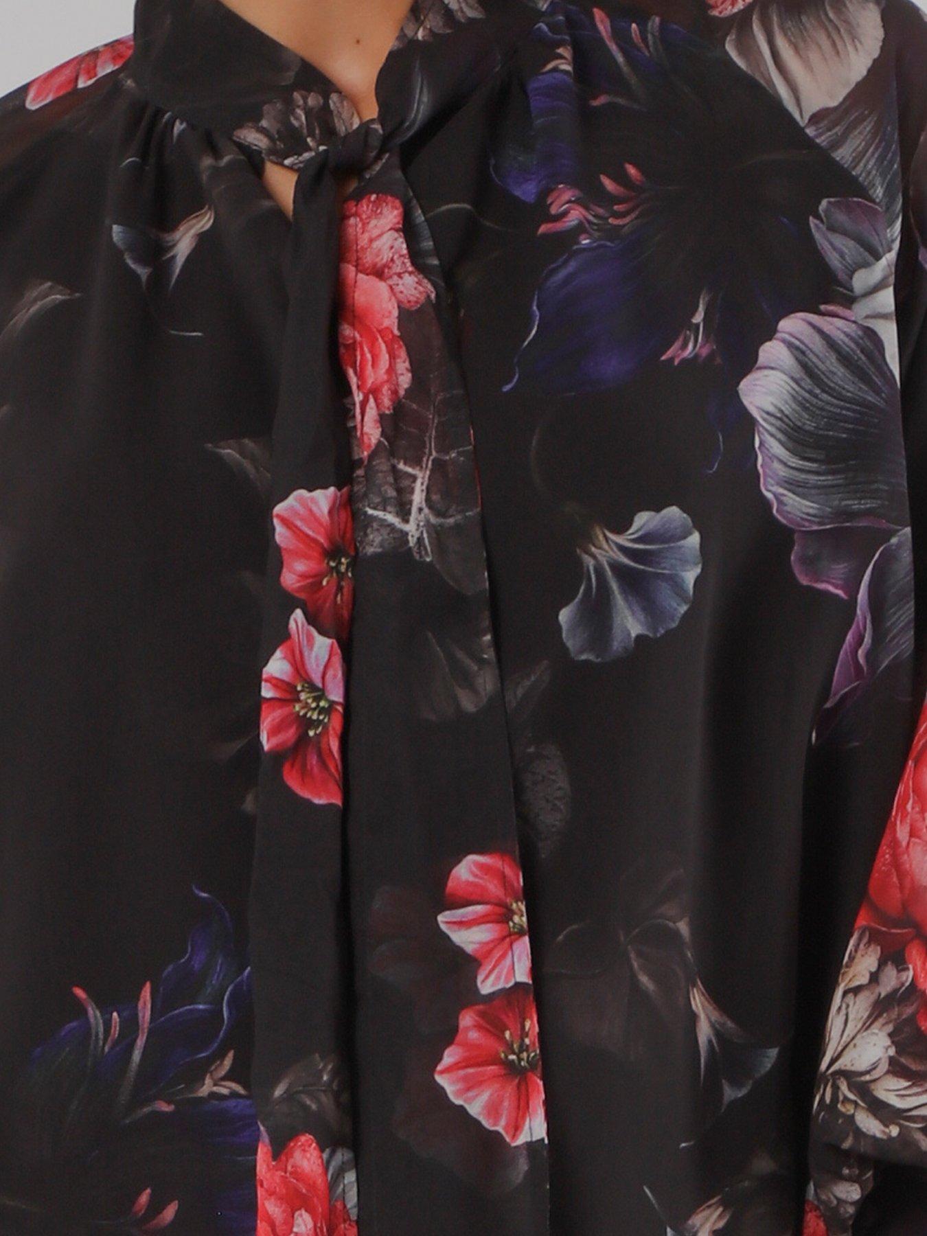 Image 5 of 7 of Religion Liv High Neck Button-Through&nbsp;Blouse With Tie Sash In Floral Red And Blue Print - Black