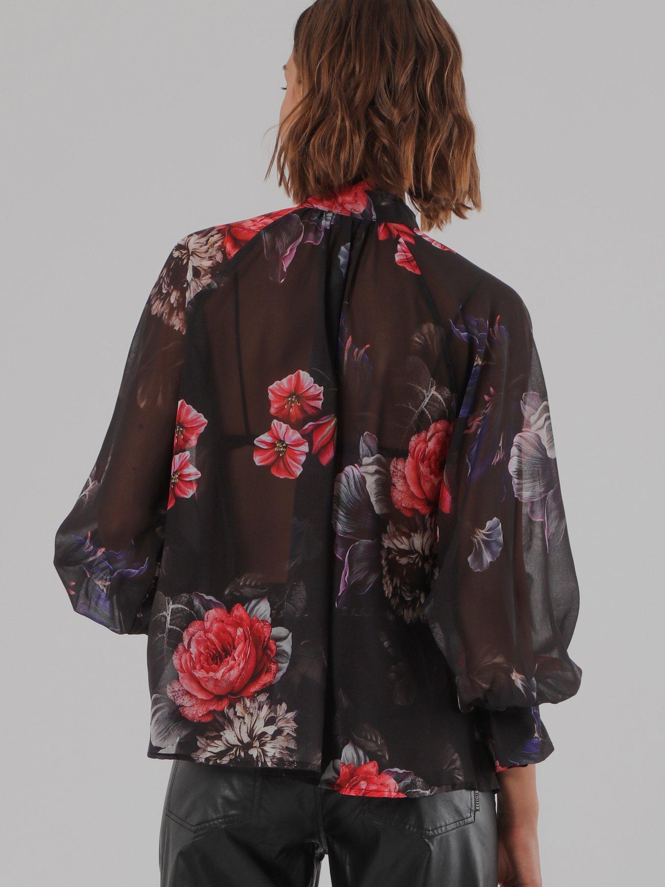 Image 6 of 7 of Religion Liv High Neck Button-Through&nbsp;Blouse With Tie Sash In Floral Red And Blue Print - Black