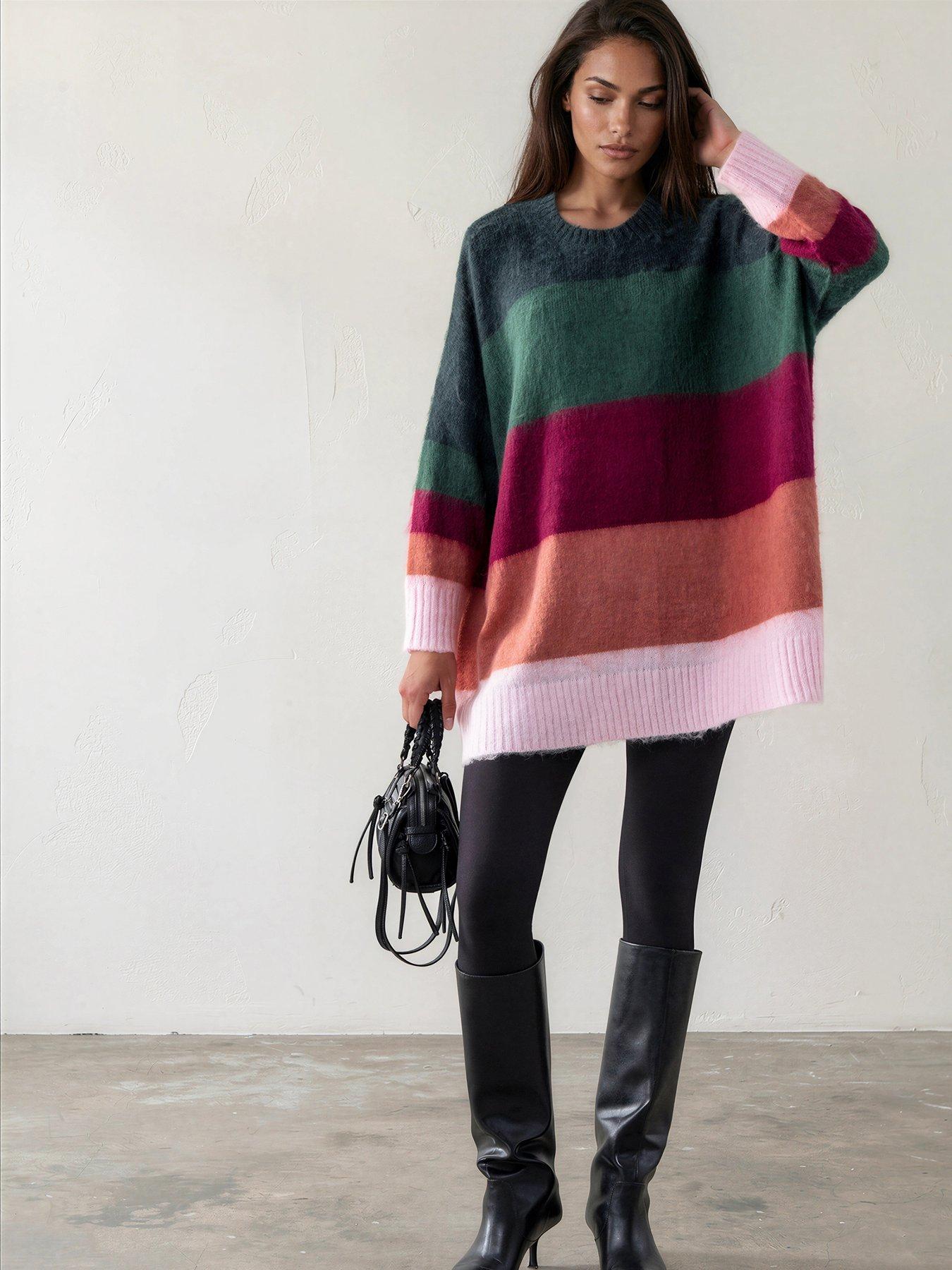 Religion Oversized Katya Jumper Dress In Bold Stripe In Blood Red Orange And Pink - Green