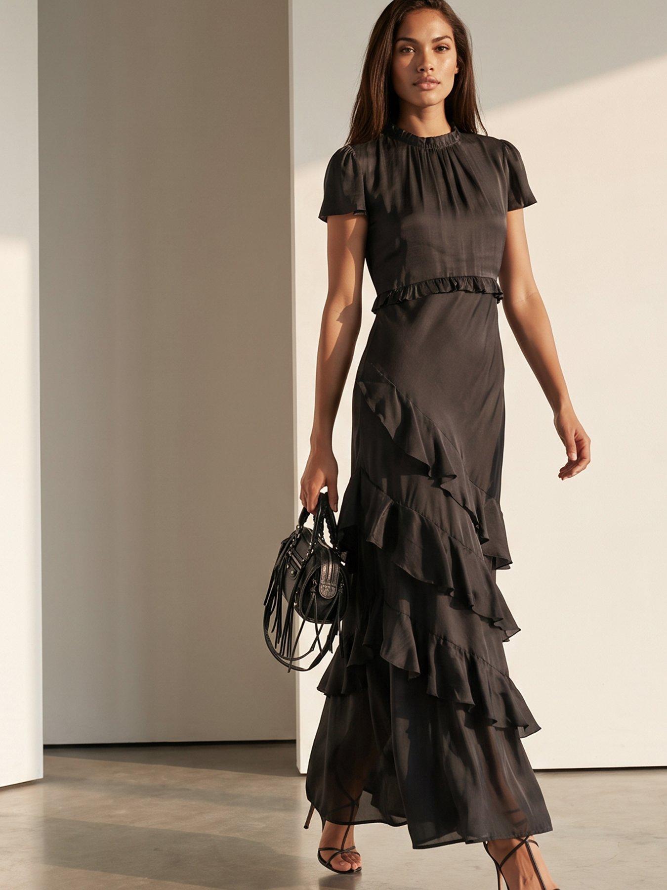 Religion Sian Maxi Dress With Delicate Ruffles And Cap Sleeves In Sateen Finish - Black