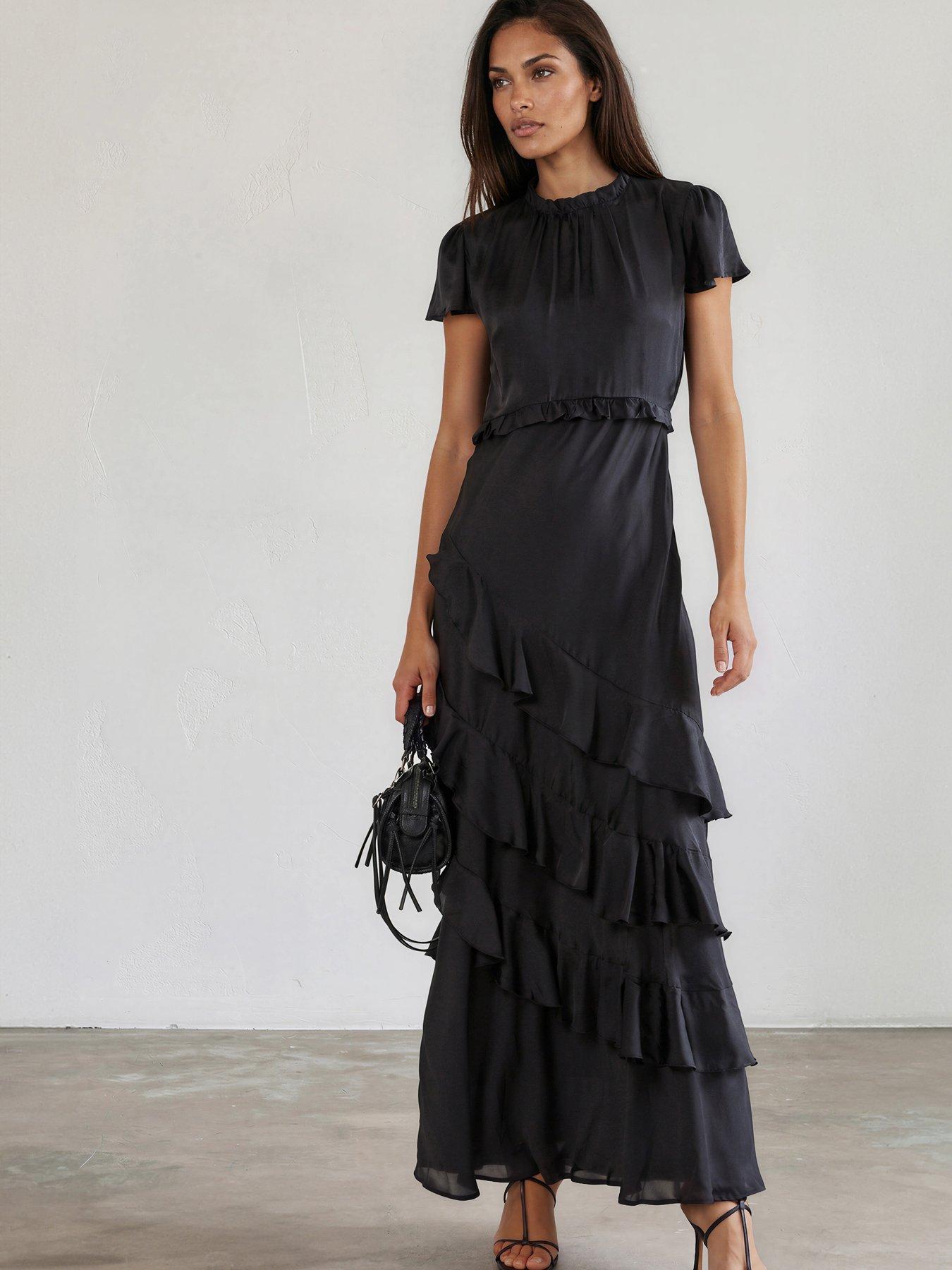 Image 2 of 7 of Religion Sian Maxi Dress With Delicate Ruffles And Cap Sleeves In Sateen Finish - Black