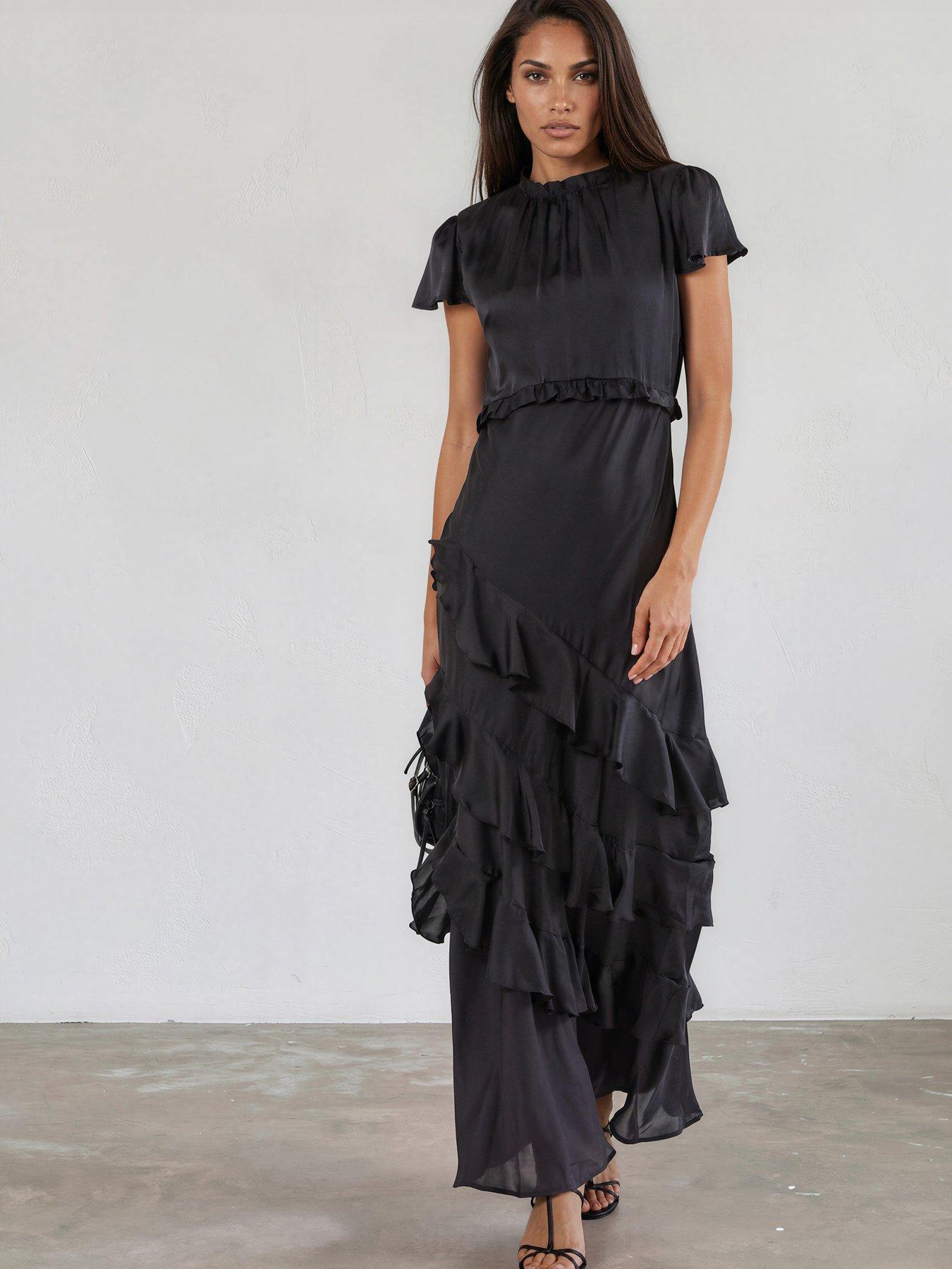 Image 3 of 7 of Religion Sian Maxi Dress With Delicate Ruffles And Cap Sleeves In Sateen Finish - Black
