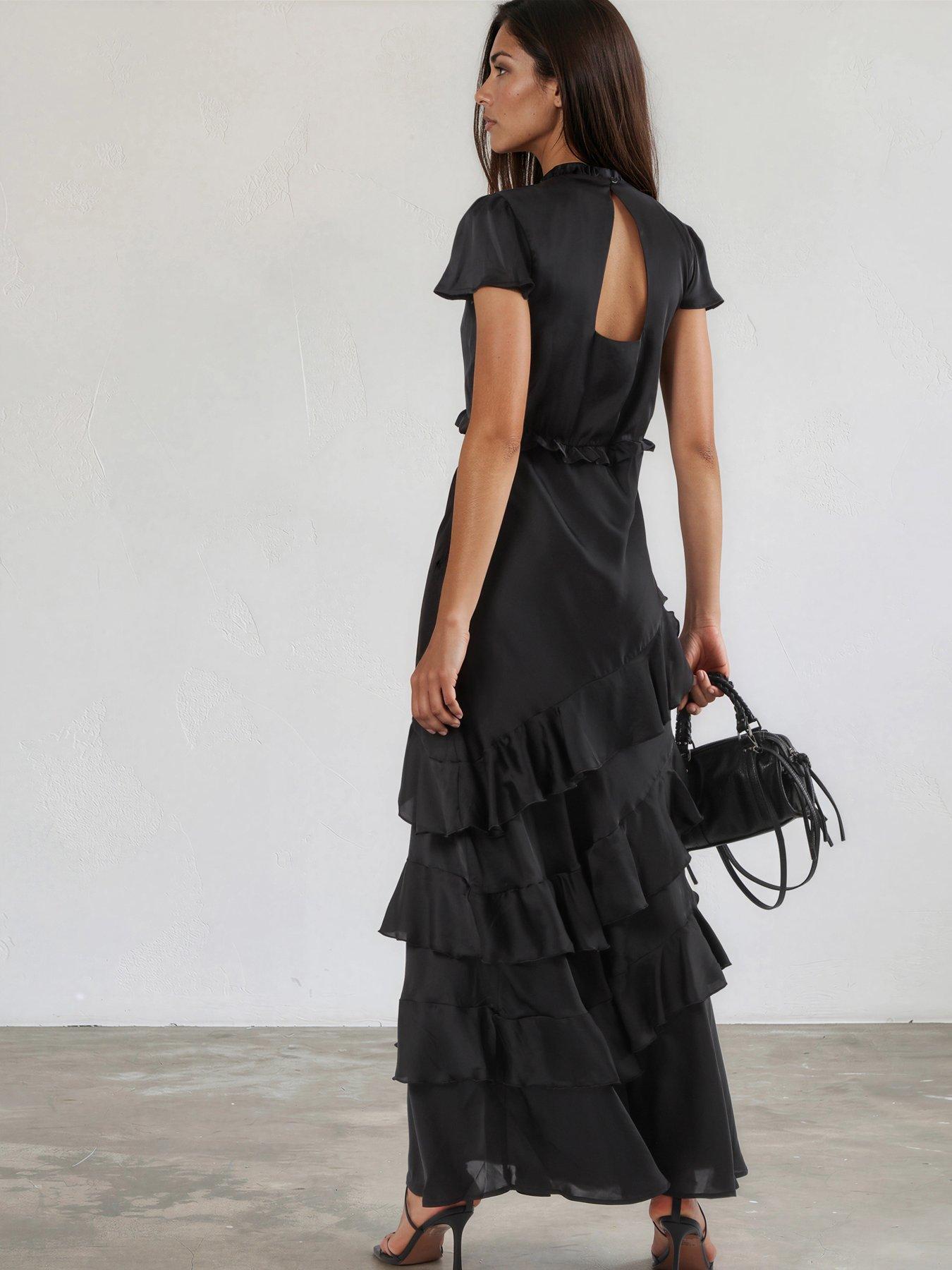 Image 4 of 7 of Religion Sian Maxi Dress With Delicate Ruffles And Cap Sleeves In Sateen Finish - Black