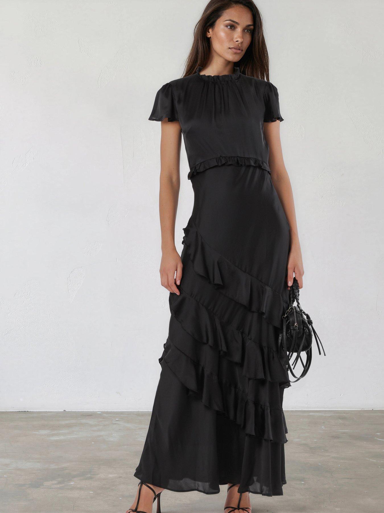 Image 5 of 7 of Religion Sian Maxi Dress With Delicate Ruffles And Cap Sleeves In Sateen Finish - Black
