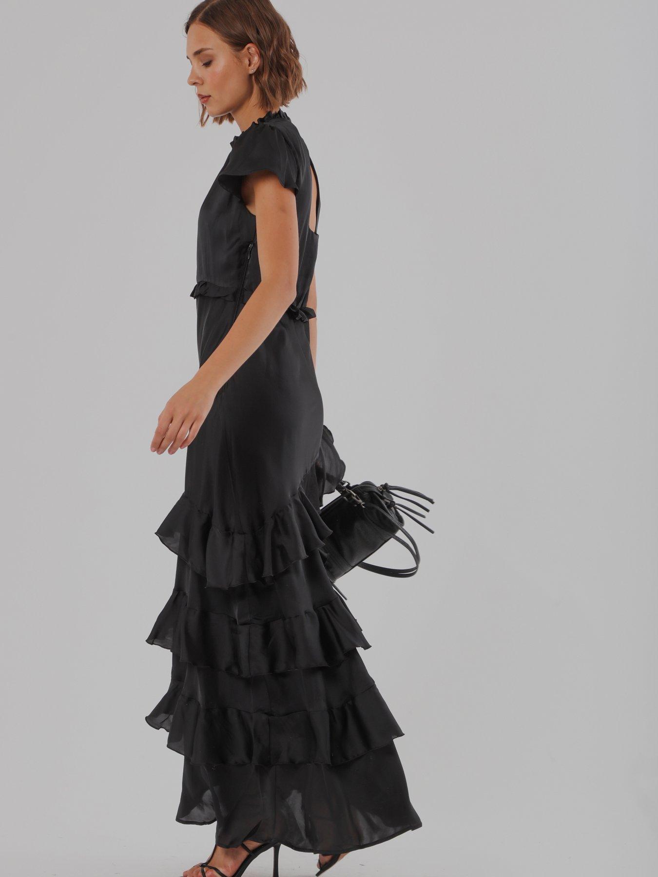 Image 7 of 7 of Religion Sian Maxi Dress With Delicate Ruffles And Cap Sleeves In Sateen Finish - Black