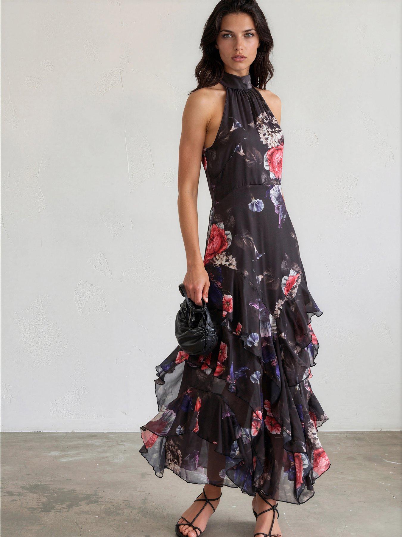 Image 1 of 7 of Religion Taylor Halterneck Maxi Dress In Floral Red And Blue Print - Black