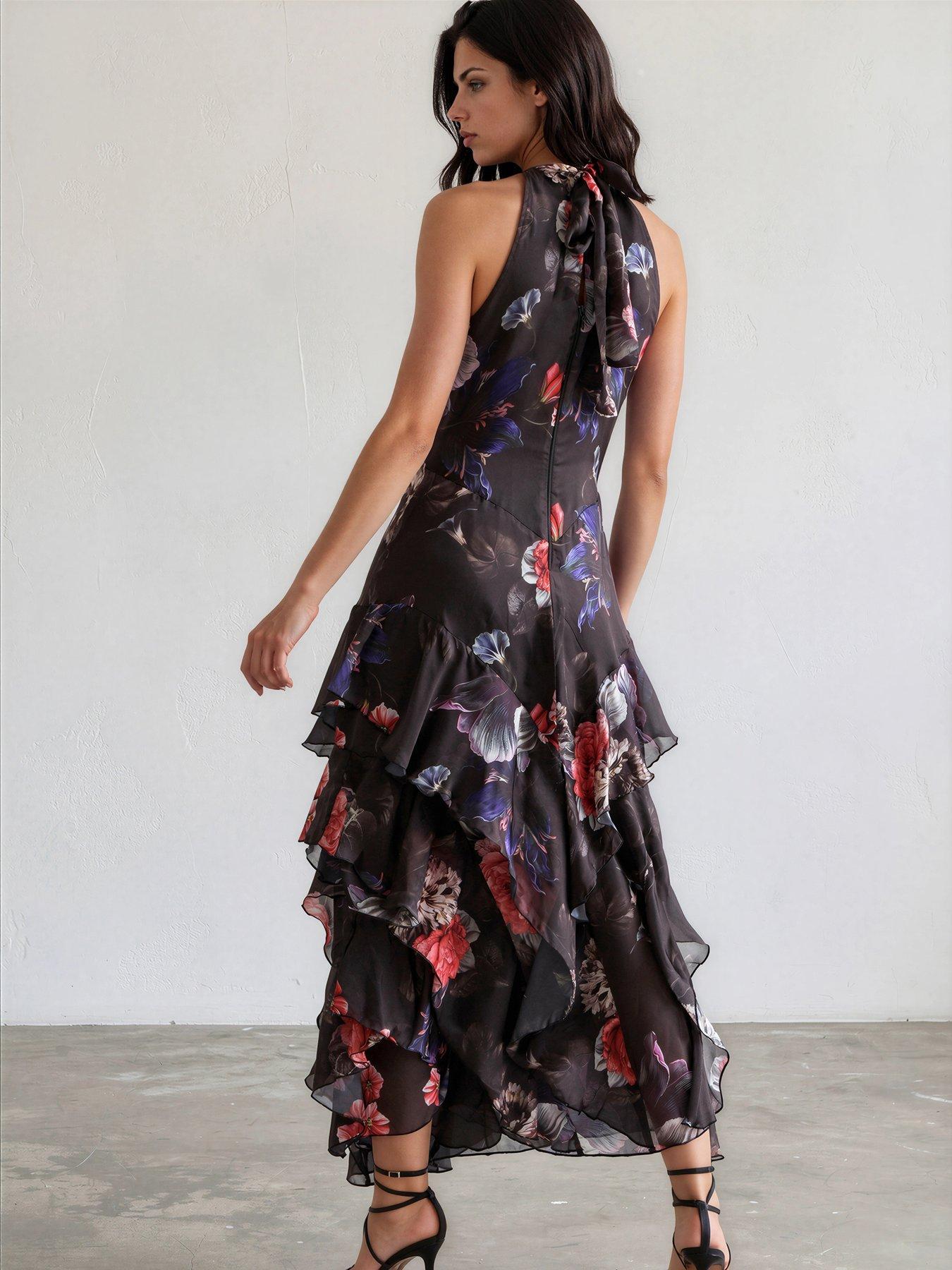 Image 2 of 7 of Religion Taylor Halterneck Maxi Dress In Floral Red And Blue Print - Black