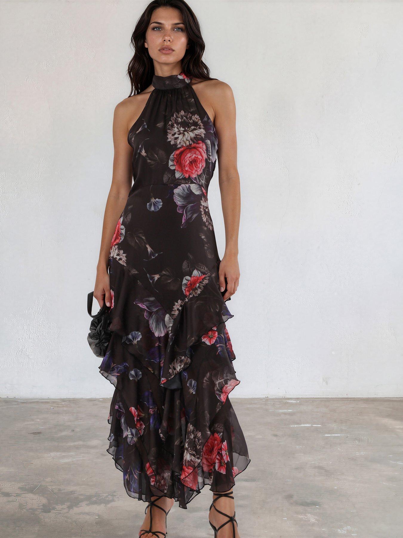 Image 3 of 7 of Religion Taylor Halterneck Maxi Dress In Floral Red And Blue Print - Black