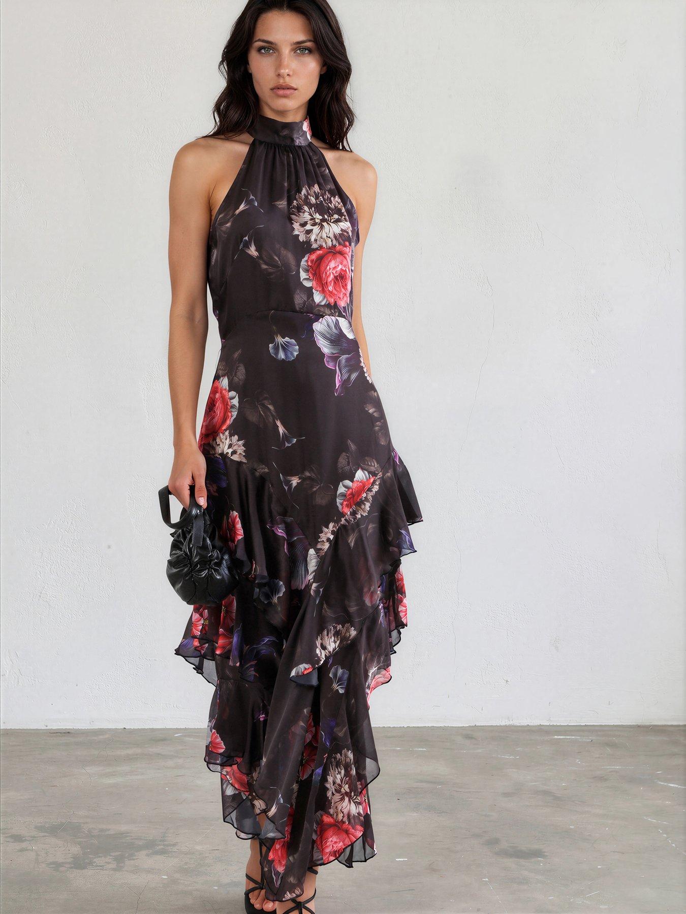 Image 4 of 7 of Religion Taylor Halterneck Maxi Dress In Floral Red And Blue Print - Black