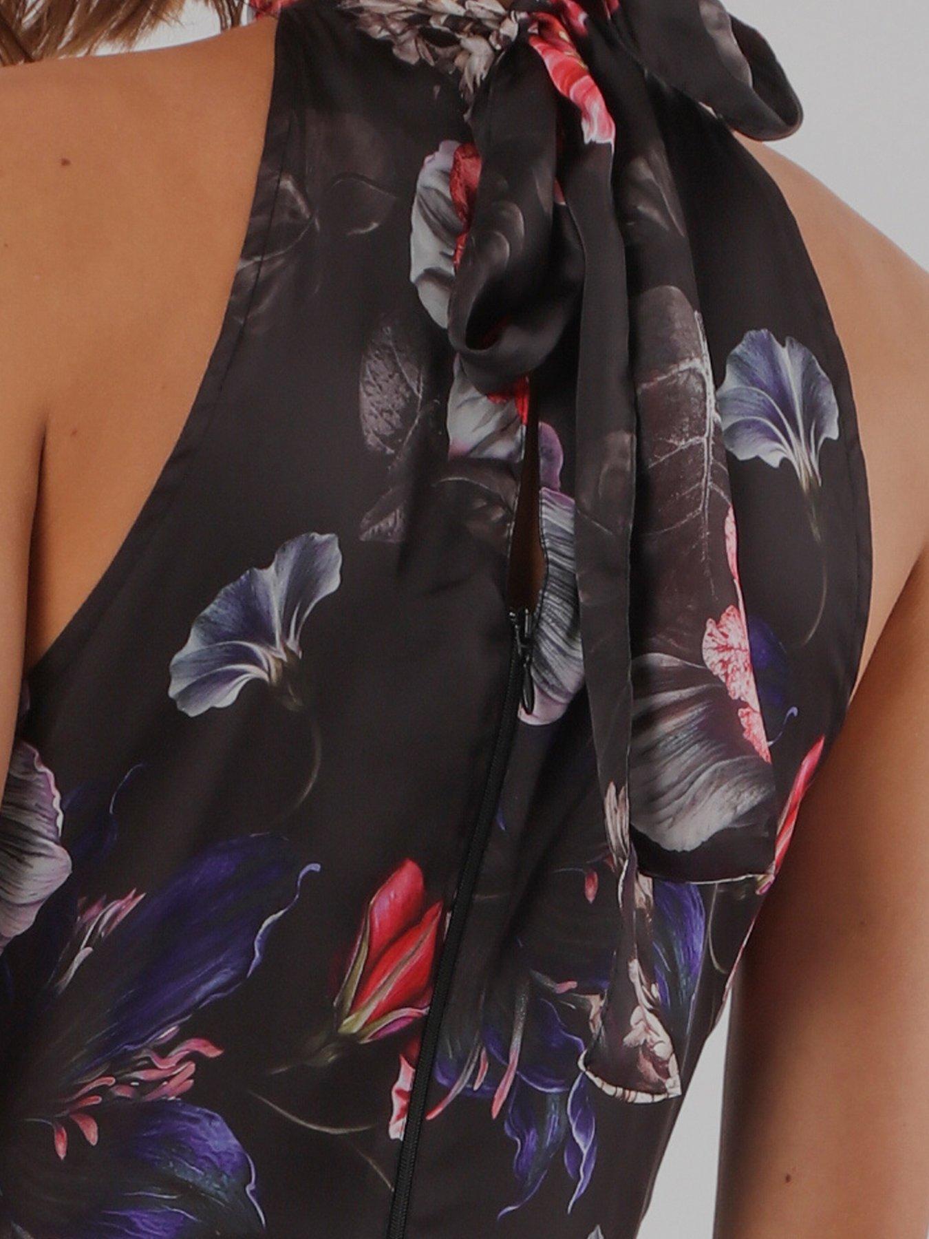 Image 6 of 7 of Religion Taylor Halterneck Maxi Dress In Floral Red And Blue Print - Black