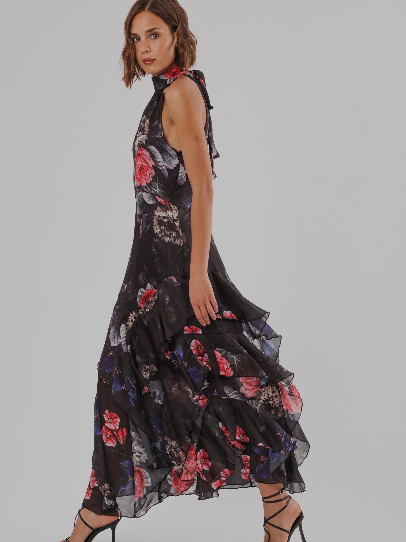 Image 7 of 7 of Religion Taylor Halterneck Maxi Dress In Floral Red And Blue Print - Black
