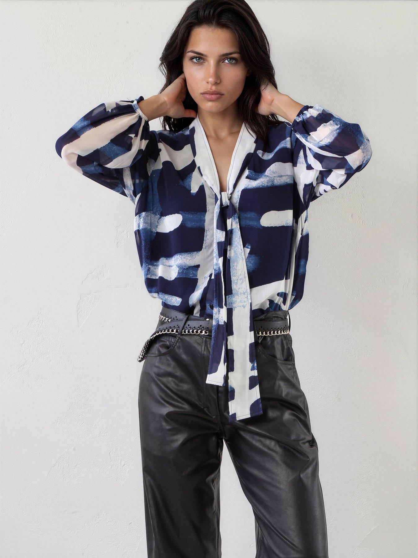 Religion Alfa V-Neck Blouse In Abstract Stripe Hero Print With Tie Sash - Blue