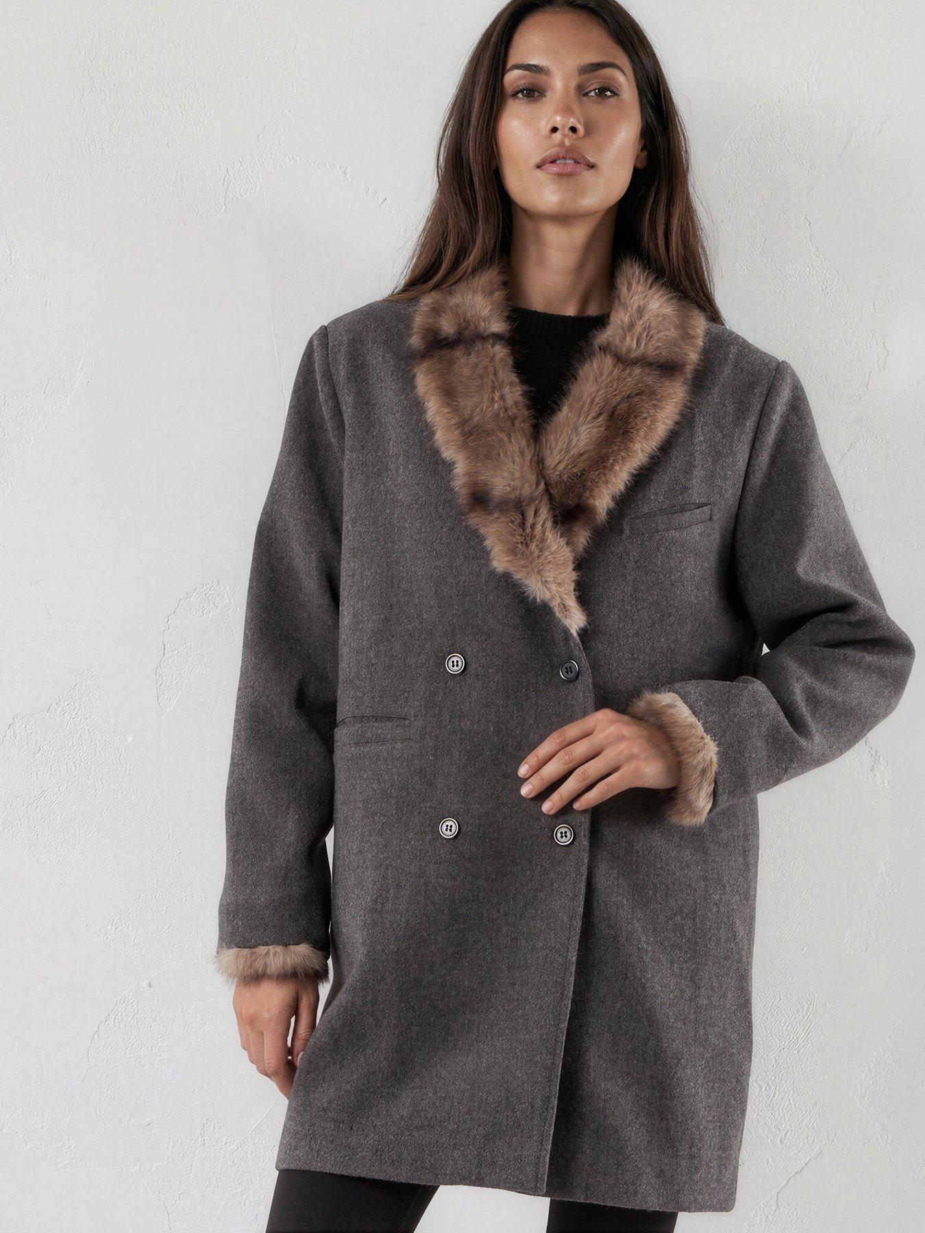 Image 1 of 7 of Religion Serena Boxy Double Breasted Charcoal Coat With Fur Collar