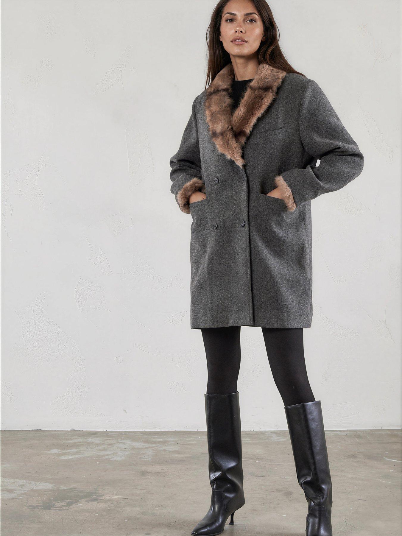 Image 2 of 7 of Religion Serena Boxy Double Breasted Charcoal Coat With Fur Collar