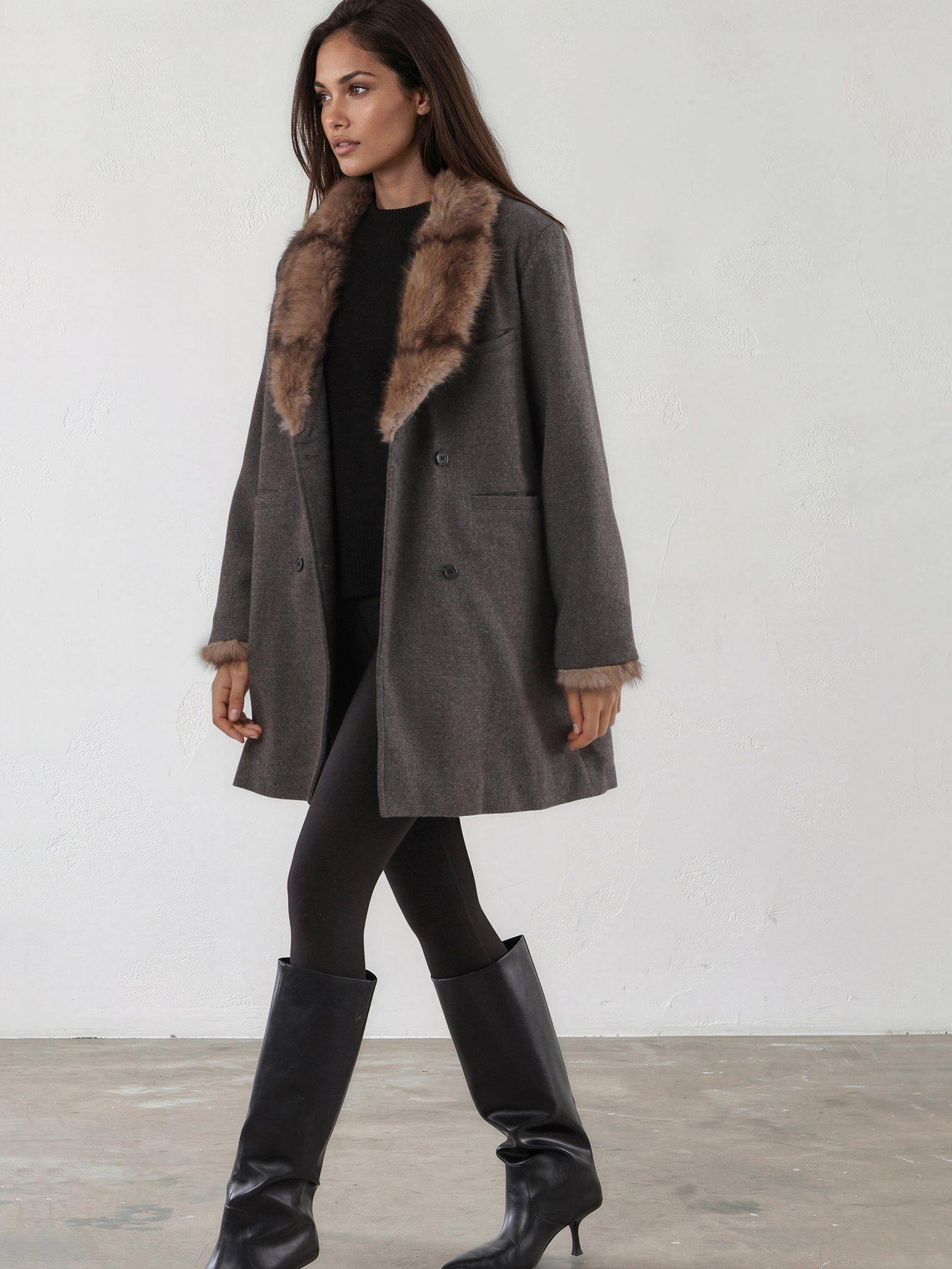 Image 4 of 7 of Religion Serena Boxy Double Breasted Charcoal Coat With Fur Collar