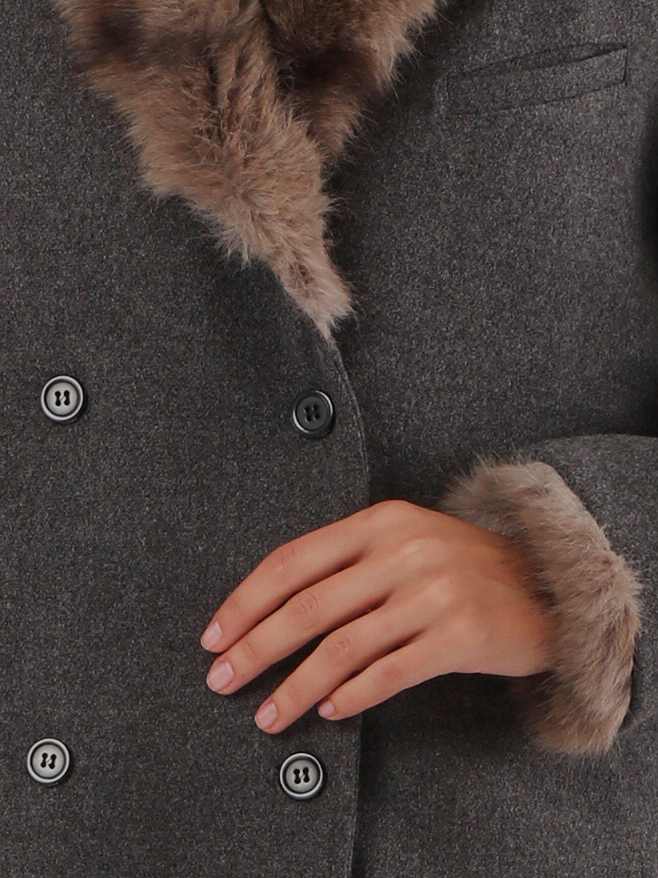 Image 5 of 7 of Religion Serena Boxy Double Breasted Charcoal Coat With Fur Collar