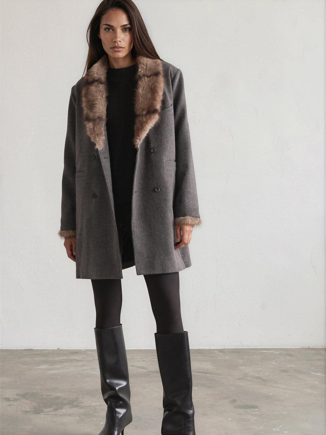 Image 6 of 7 of Religion Serena Boxy Double Breasted Charcoal Coat With Fur Collar