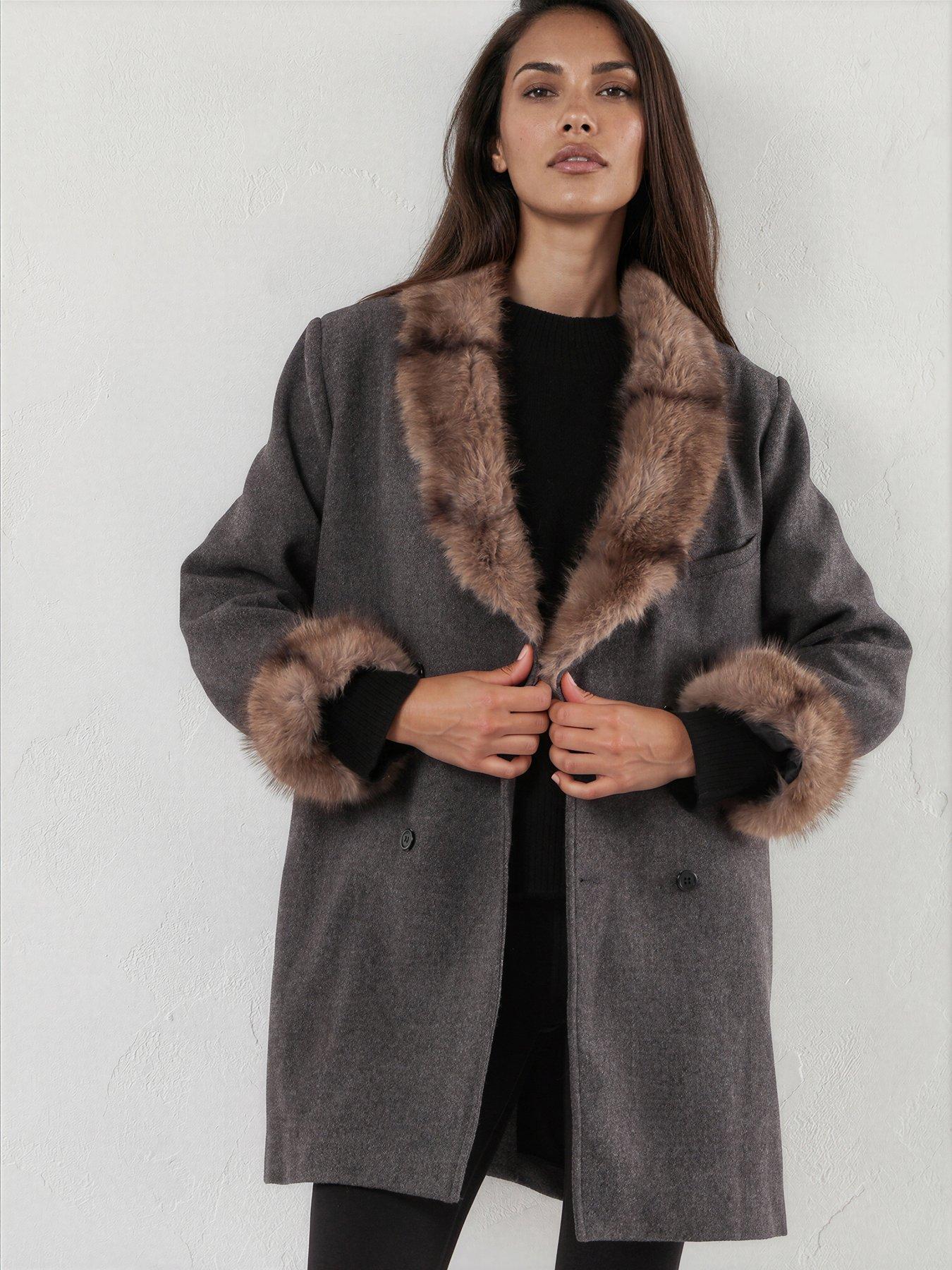 Image 7 of 7 of Religion Serena Boxy Double Breasted Charcoal Coat With Fur Collar