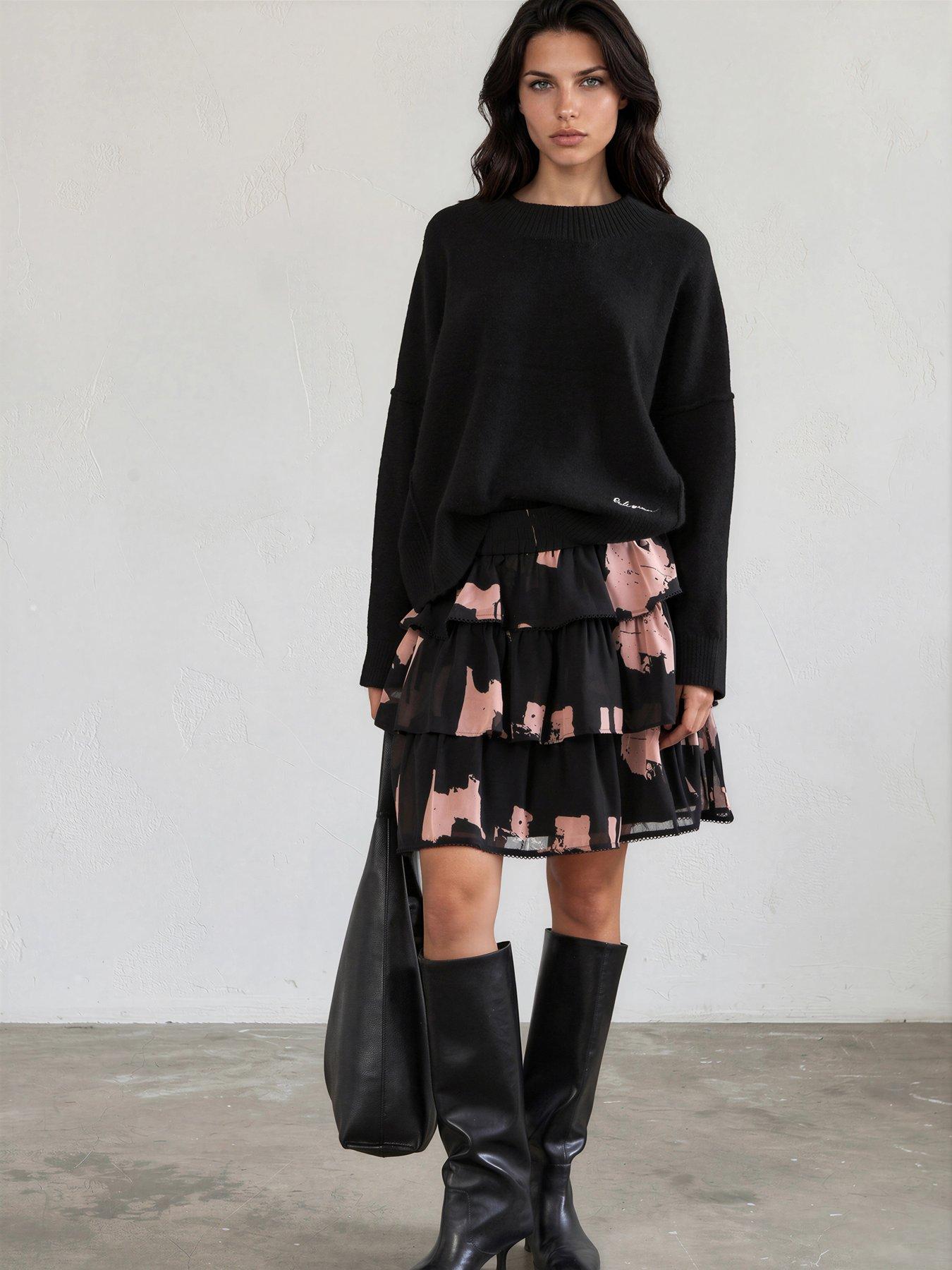 Image 1 of 7 of Religion Corinne Tiered Mini Skirt In Abstract Facade Print With Lace Trim