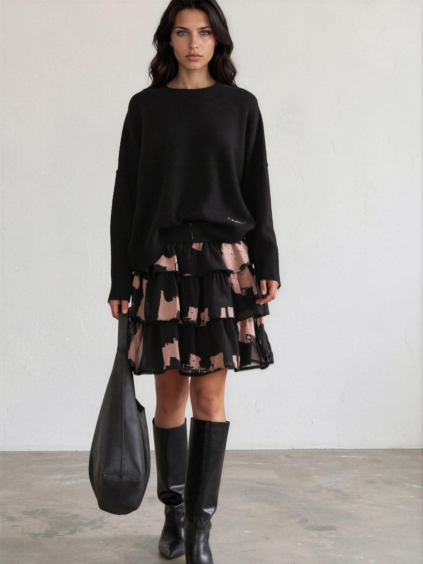 Image 3 of 7 of Religion Corinne Tiered Mini Skirt In Abstract Facade Print With Lace Trim