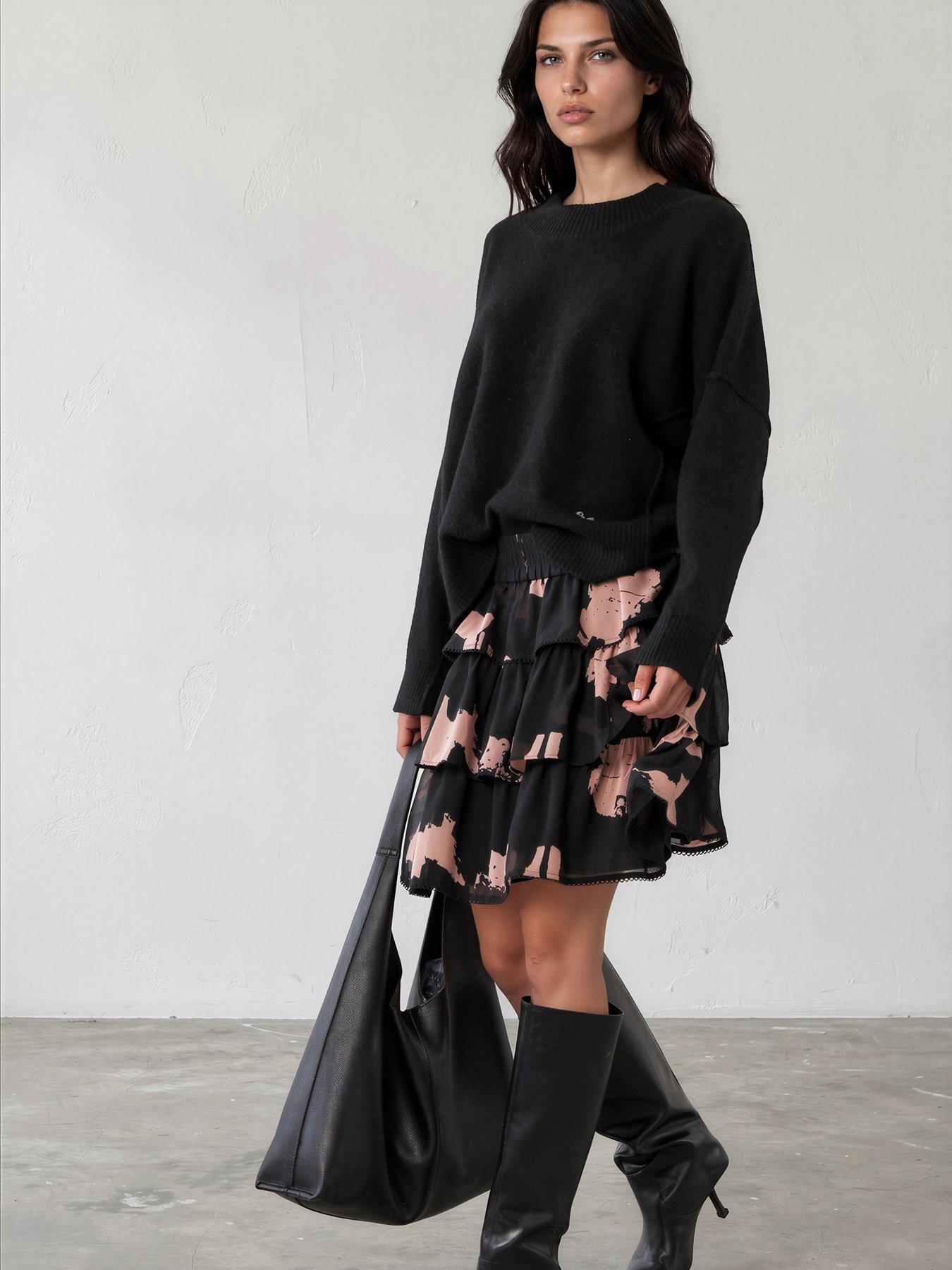 Image 4 of 7 of Religion Corinne Tiered Mini Skirt In Abstract Facade Print With Lace Trim