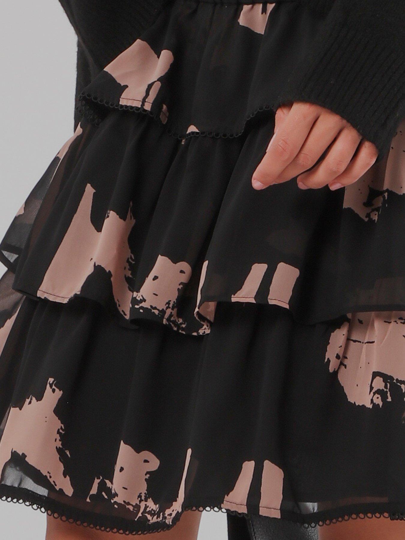 Image 5 of 7 of Religion Corinne Tiered Mini Skirt In Abstract Facade Print With Lace Trim