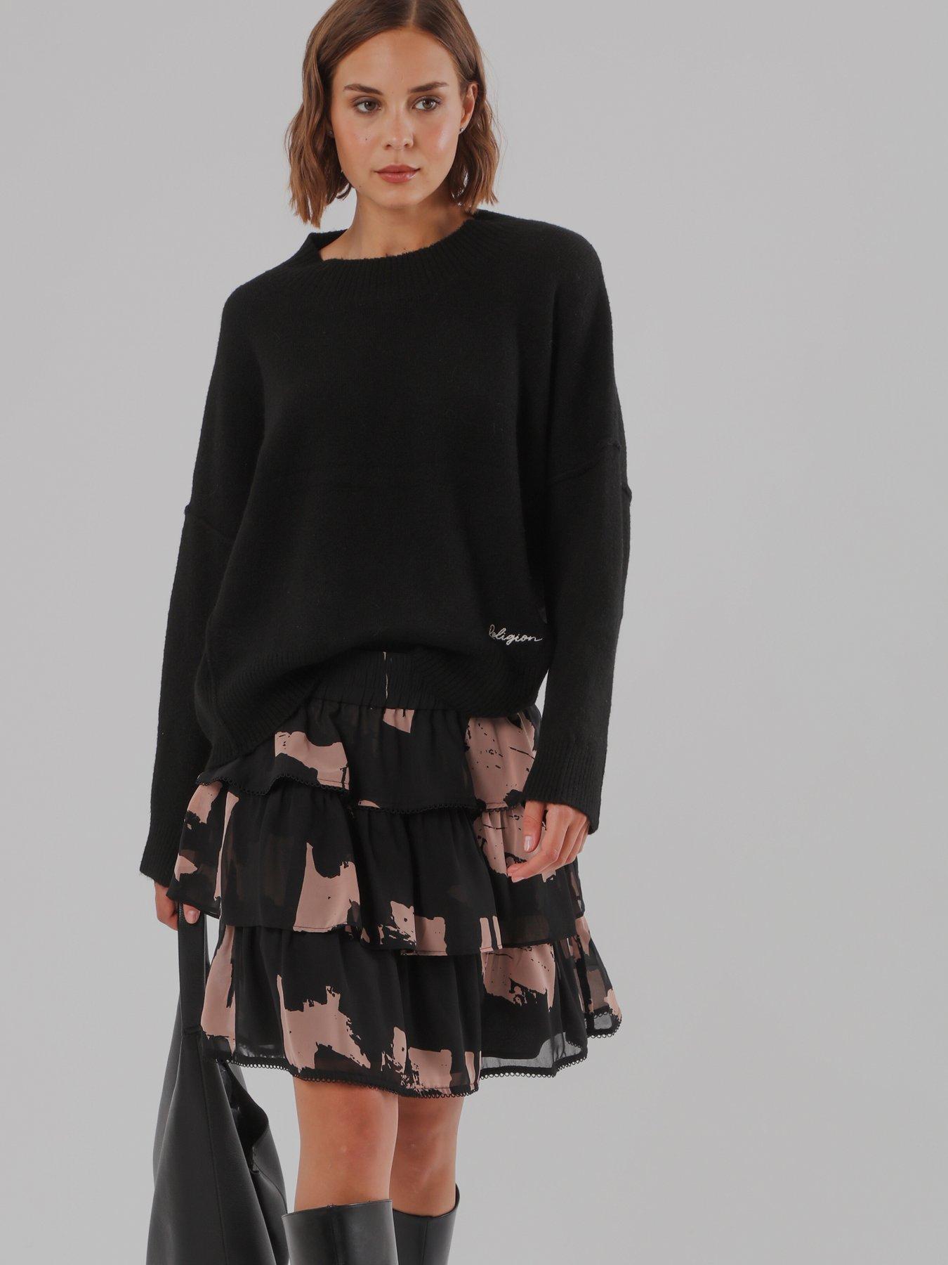 Image 6 of 7 of Religion Corinne Tiered Mini Skirt In Abstract Facade Print With Lace Trim