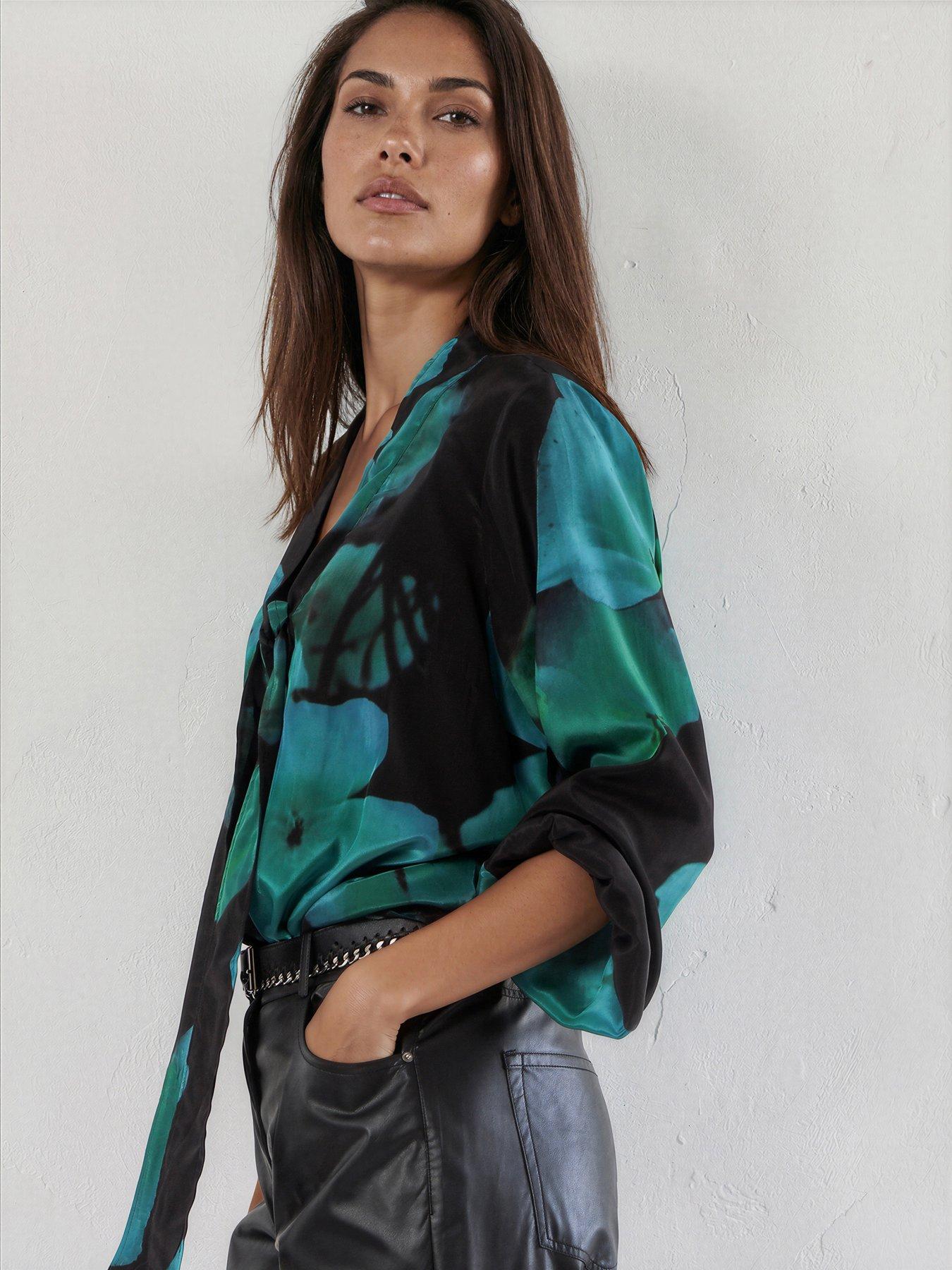 Religion Evie Blouse In Large Blue And Green Floral Fire Print With Sash Tie