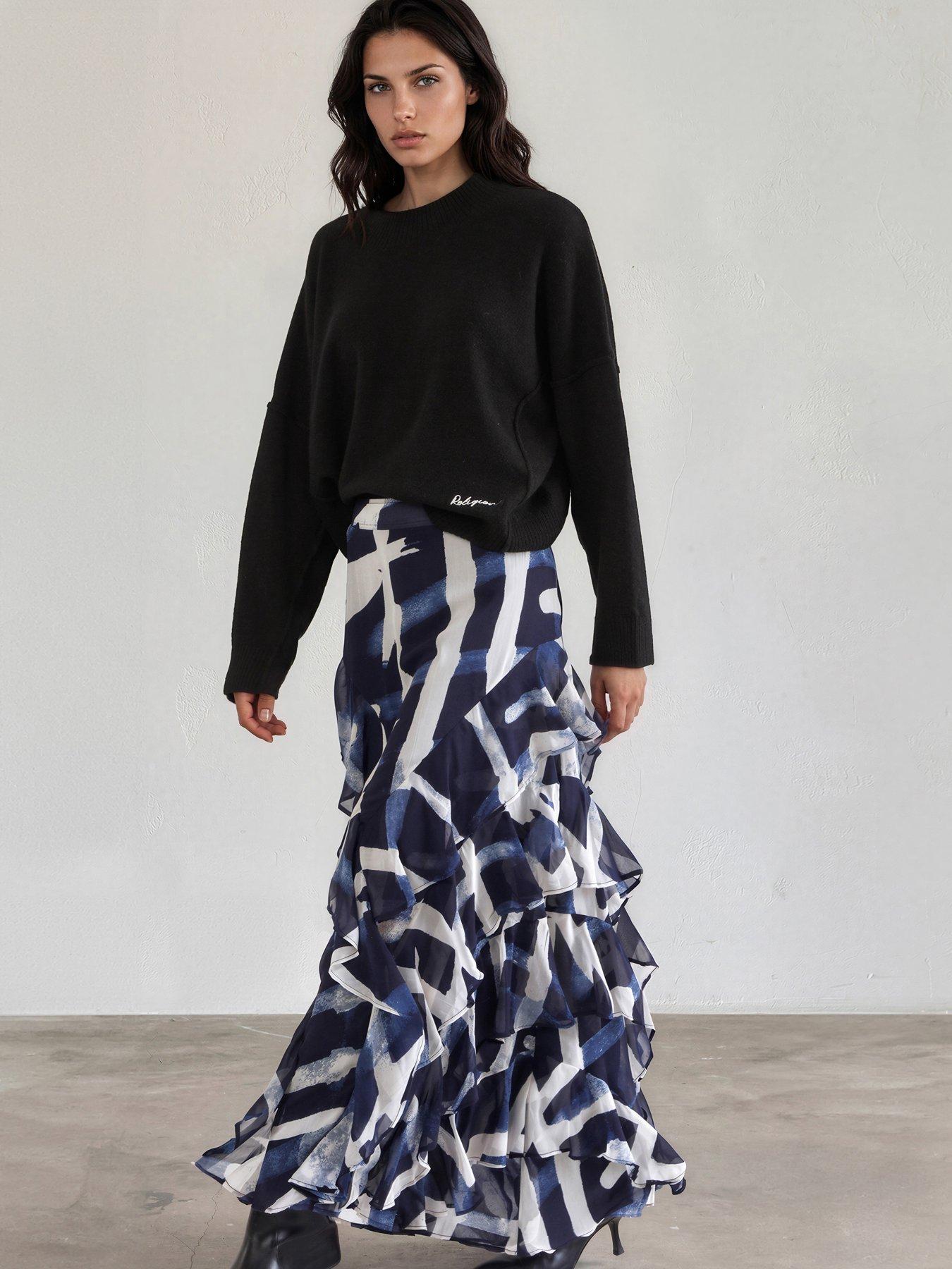 Religion Laura Multi Layer Ruffle Maxi Skirt In Abstract Stripe Hero Print - Blue