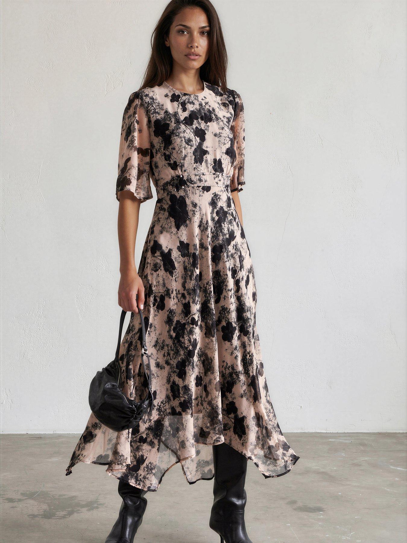 Religion Solstice Tea Dress With Stud Trim Waistband In Floral Bewilder Ashes Print