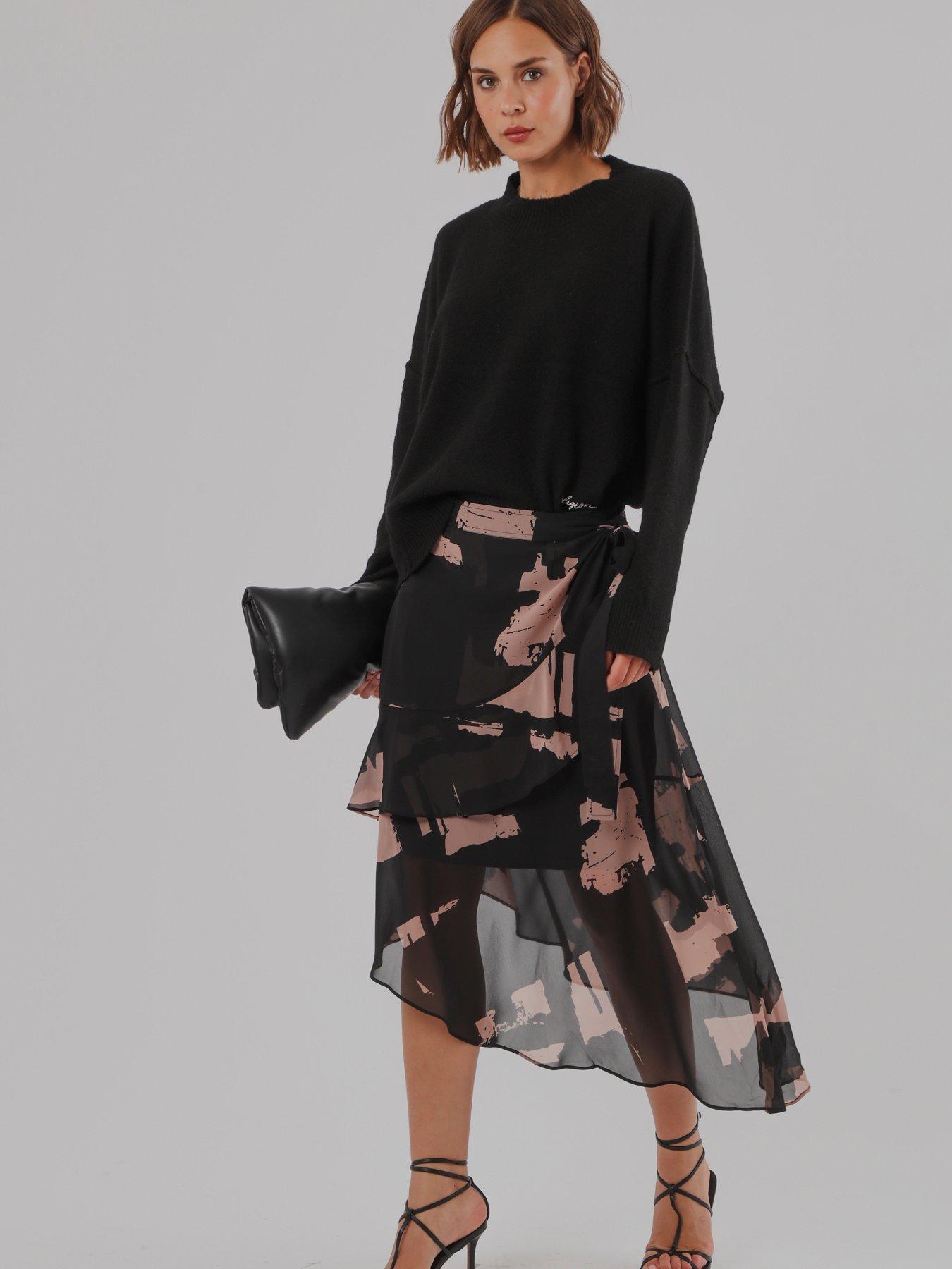 Religion Stage Midi Wrap Assymetric Skirt In Abstract Façade Print