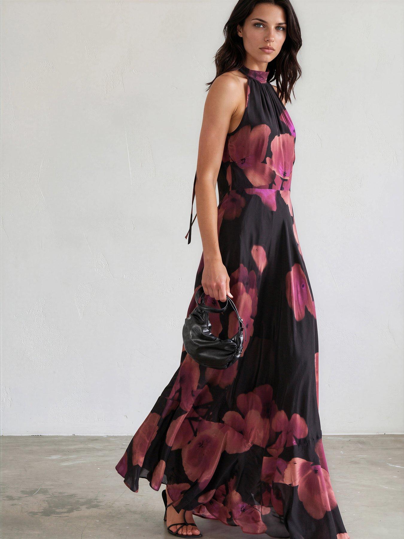 Image 1 of 7 of Religion Valeria Maxi Halterneck Dress In Floral Fire Print In Pinks - Pink