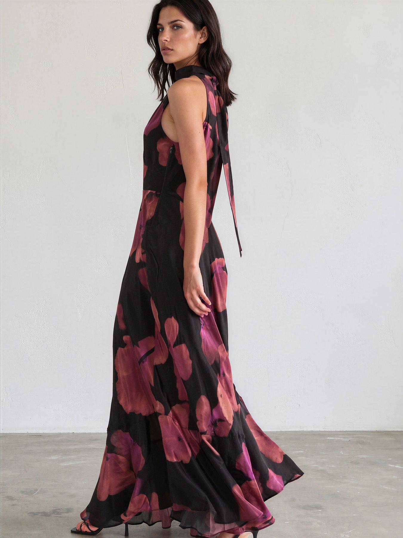 Image 2 of 7 of Religion Valeria Maxi Halterneck Dress In Floral Fire Print In Pinks - Pink