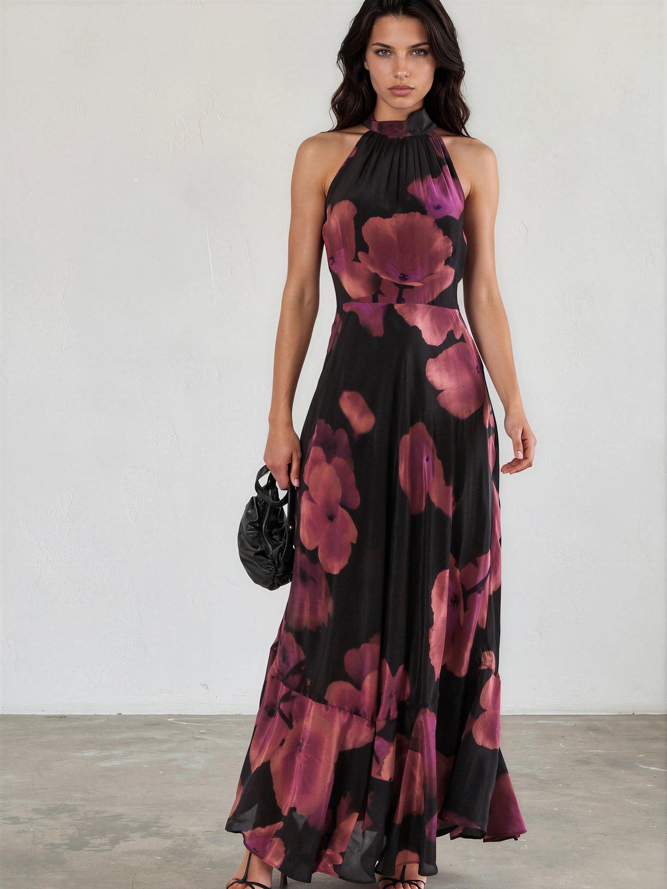 Image 3 of 7 of Religion Valeria Maxi Halterneck Dress In Floral Fire Print In Pinks - Pink